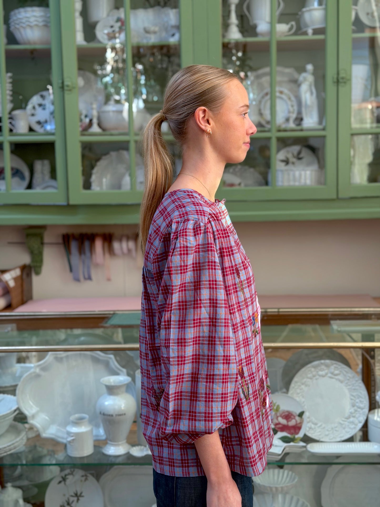 Tartan Button Up Shirt With Floral Embroidery