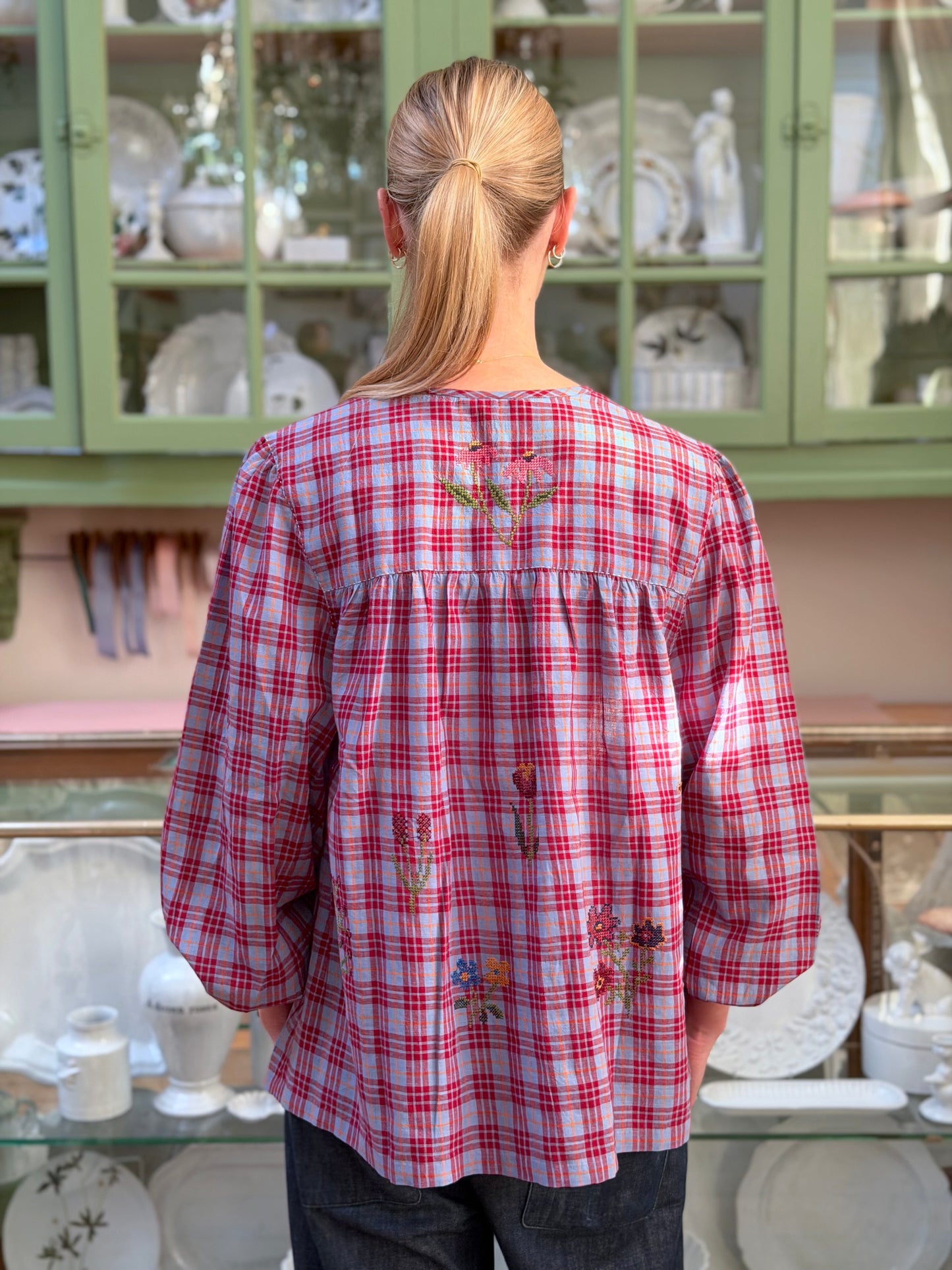 Tartan Button Up Shirt With Floral Embroidery