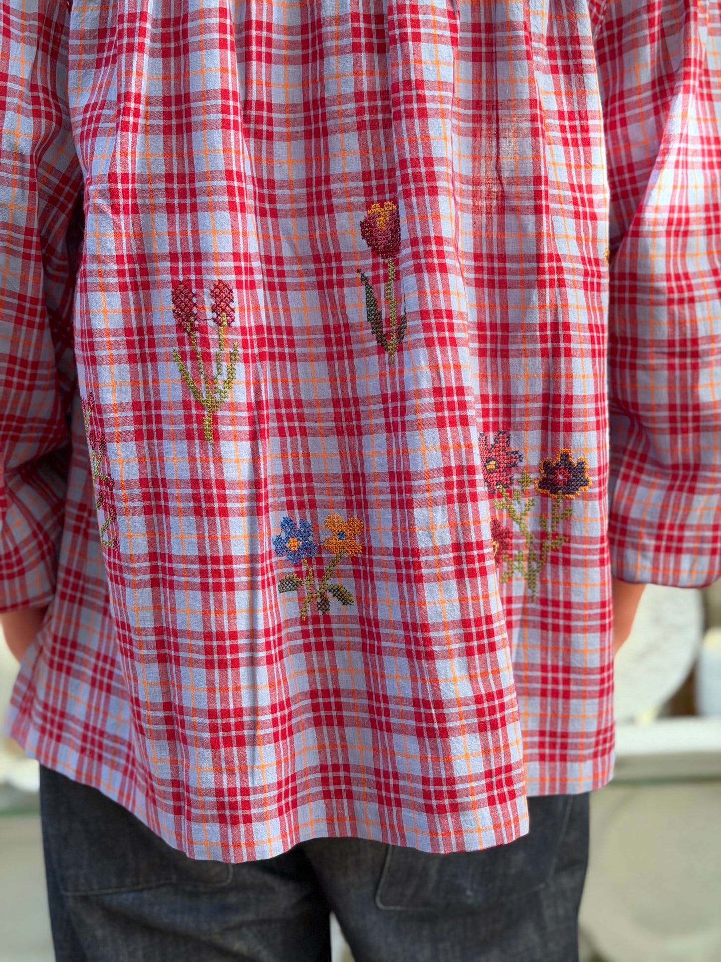 Tartan Button Up Shirt With Floral Embroidery