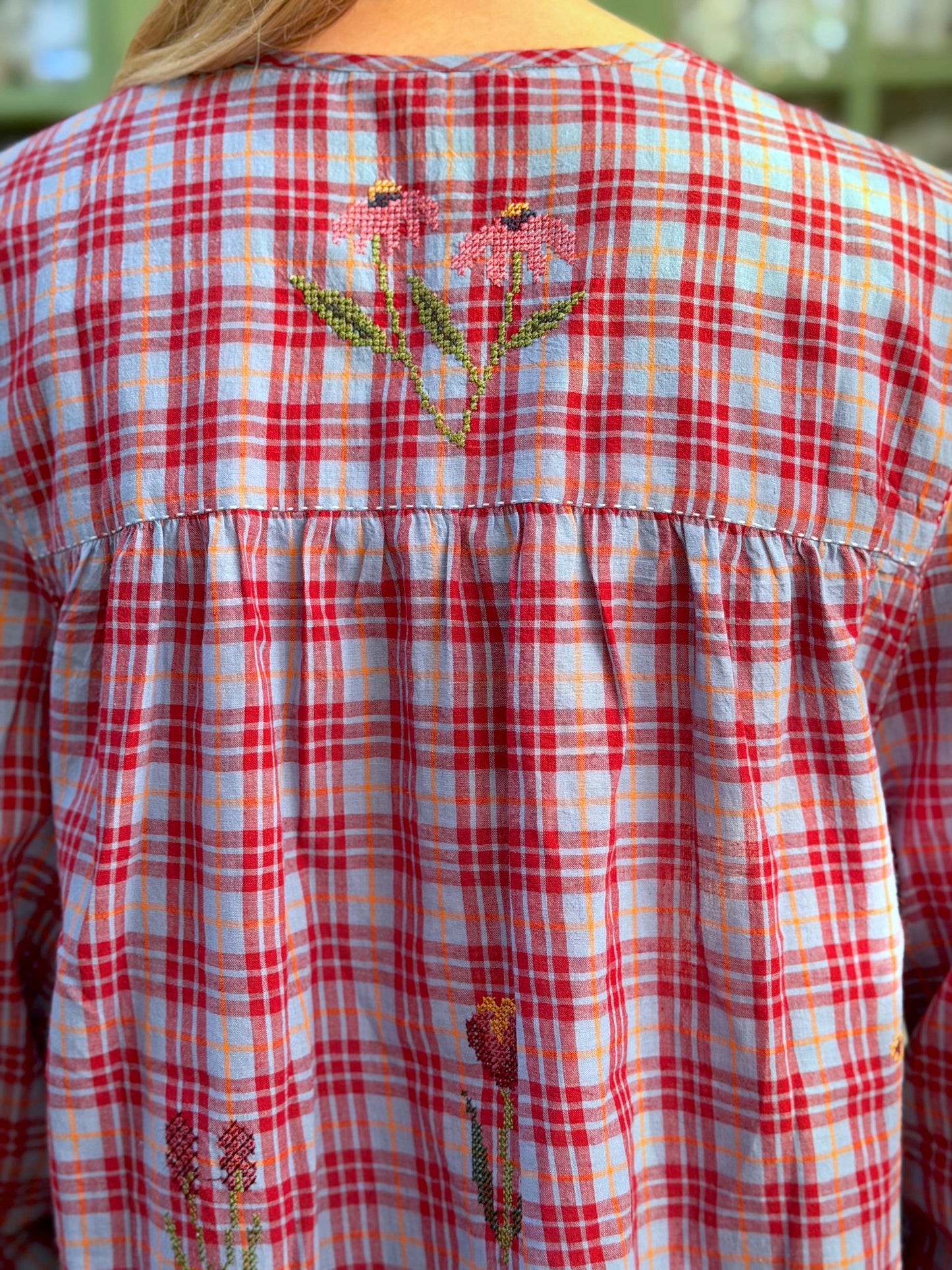 Tartan Button Up Shirt With Floral Embroidery