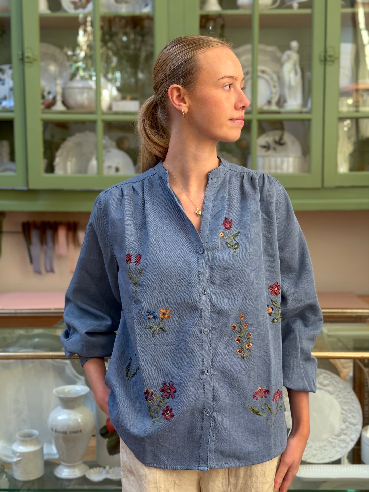 Blue Long Button Up Shirt With Floral Embroidery