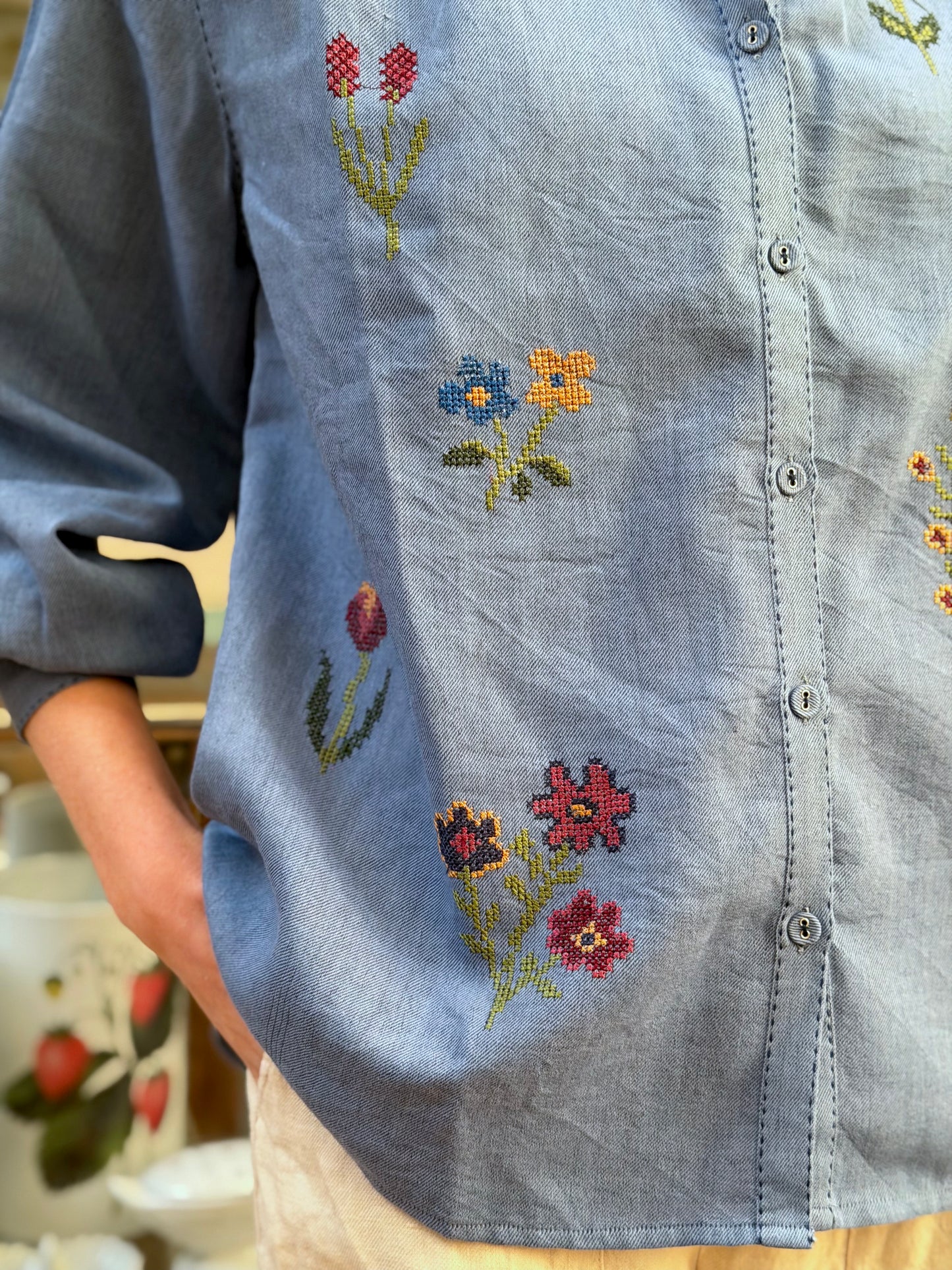Blue Long Button Up Shirt With Floral Embroidery