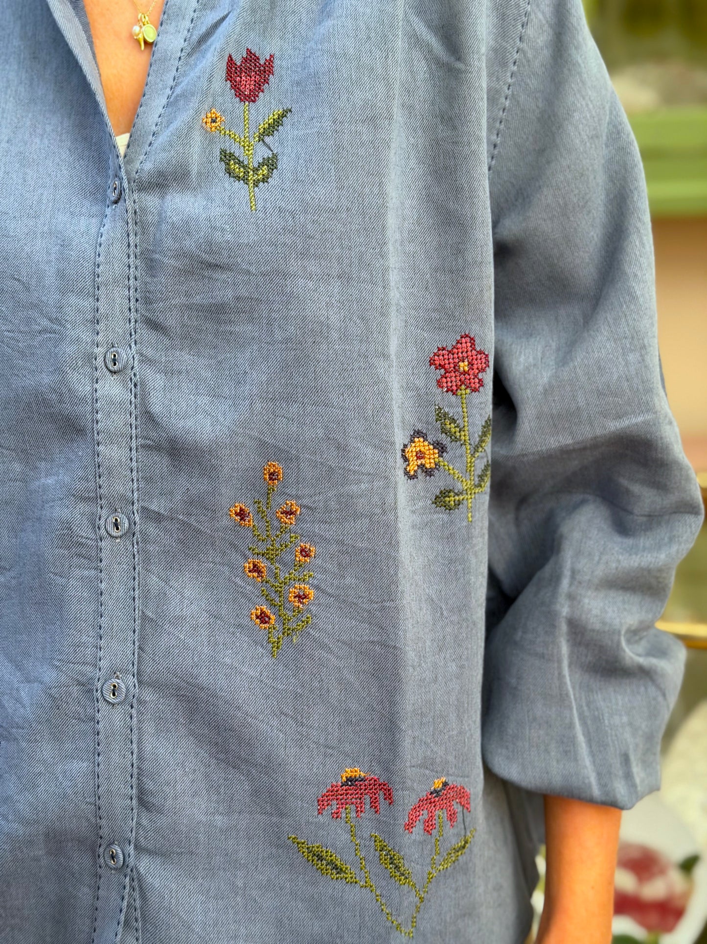 Blue Long Button Up Shirt With Floral Embroidery