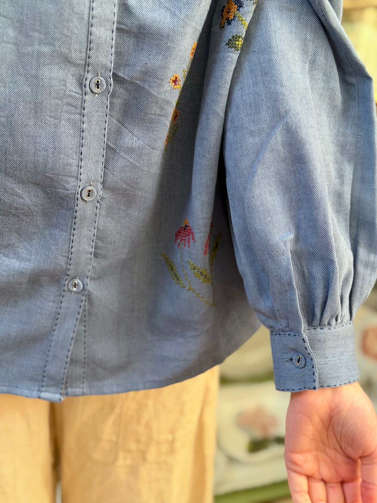 Blue Long Button Up Shirt With Floral Embroidery