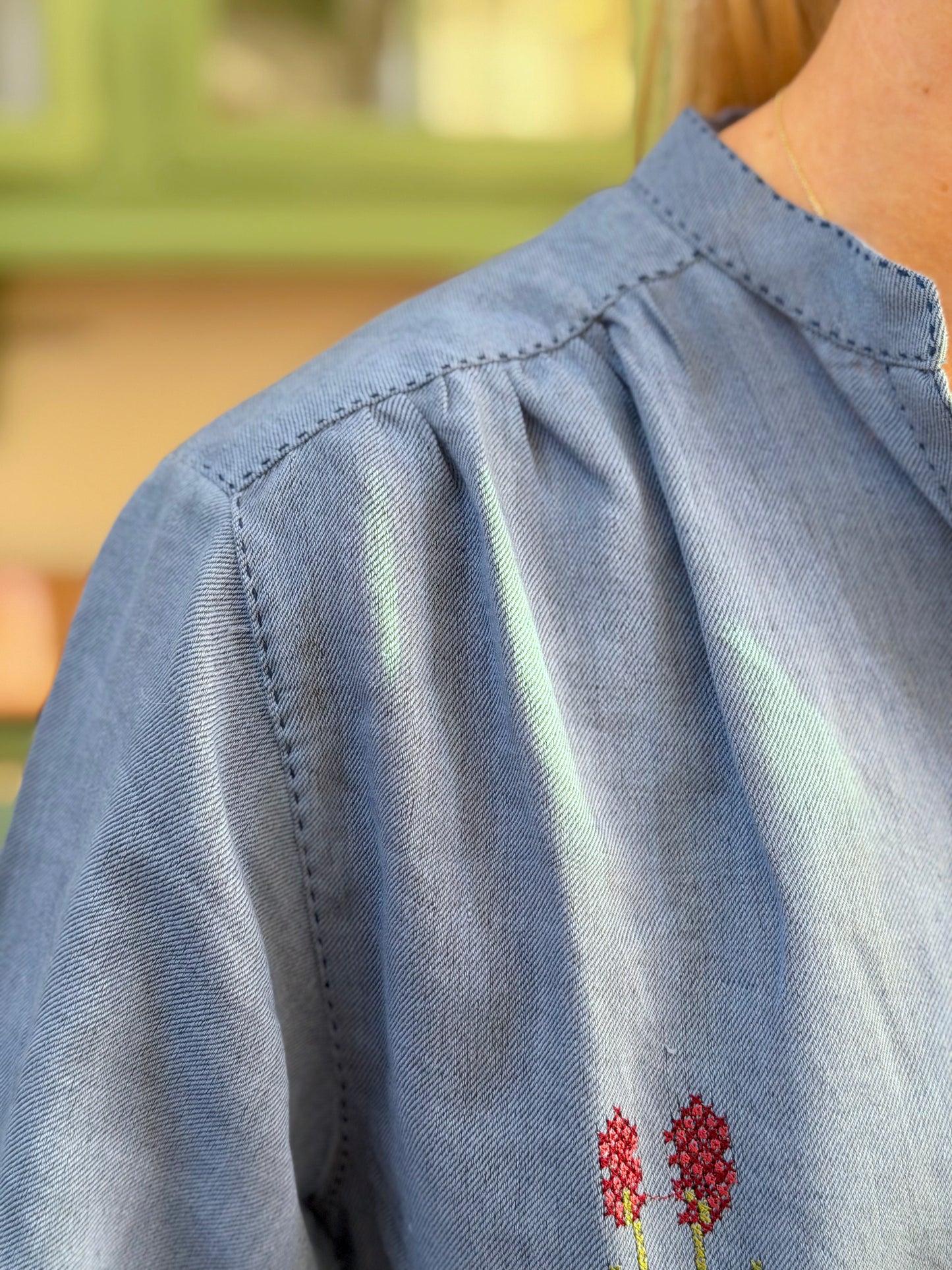 Blue Long Button Up Shirt With Floral Embroidery