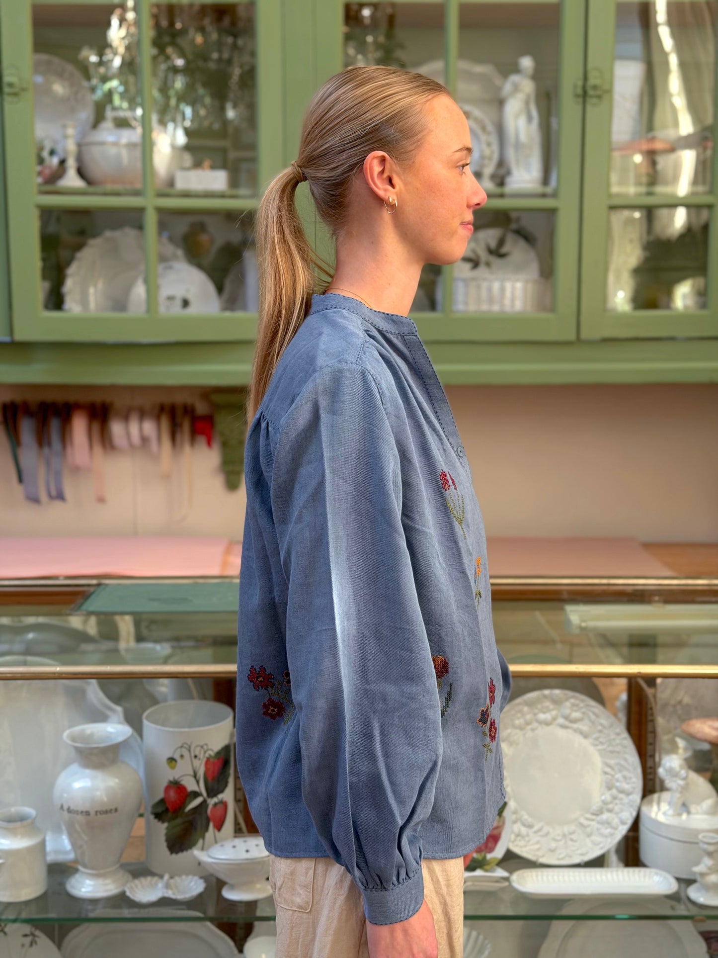 Blue Long Button Up Shirt With Floral Embroidery