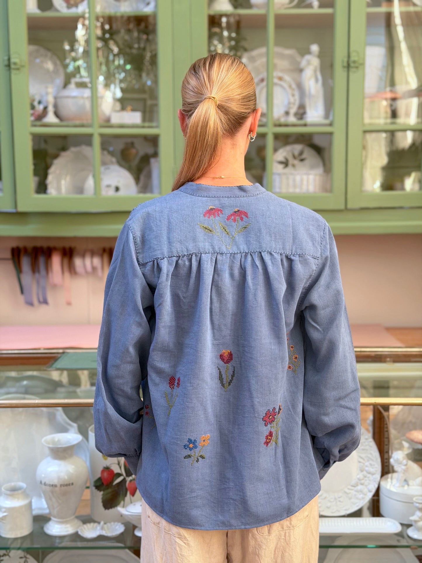 Blue Long Button Up Shirt With Floral Embroidery
