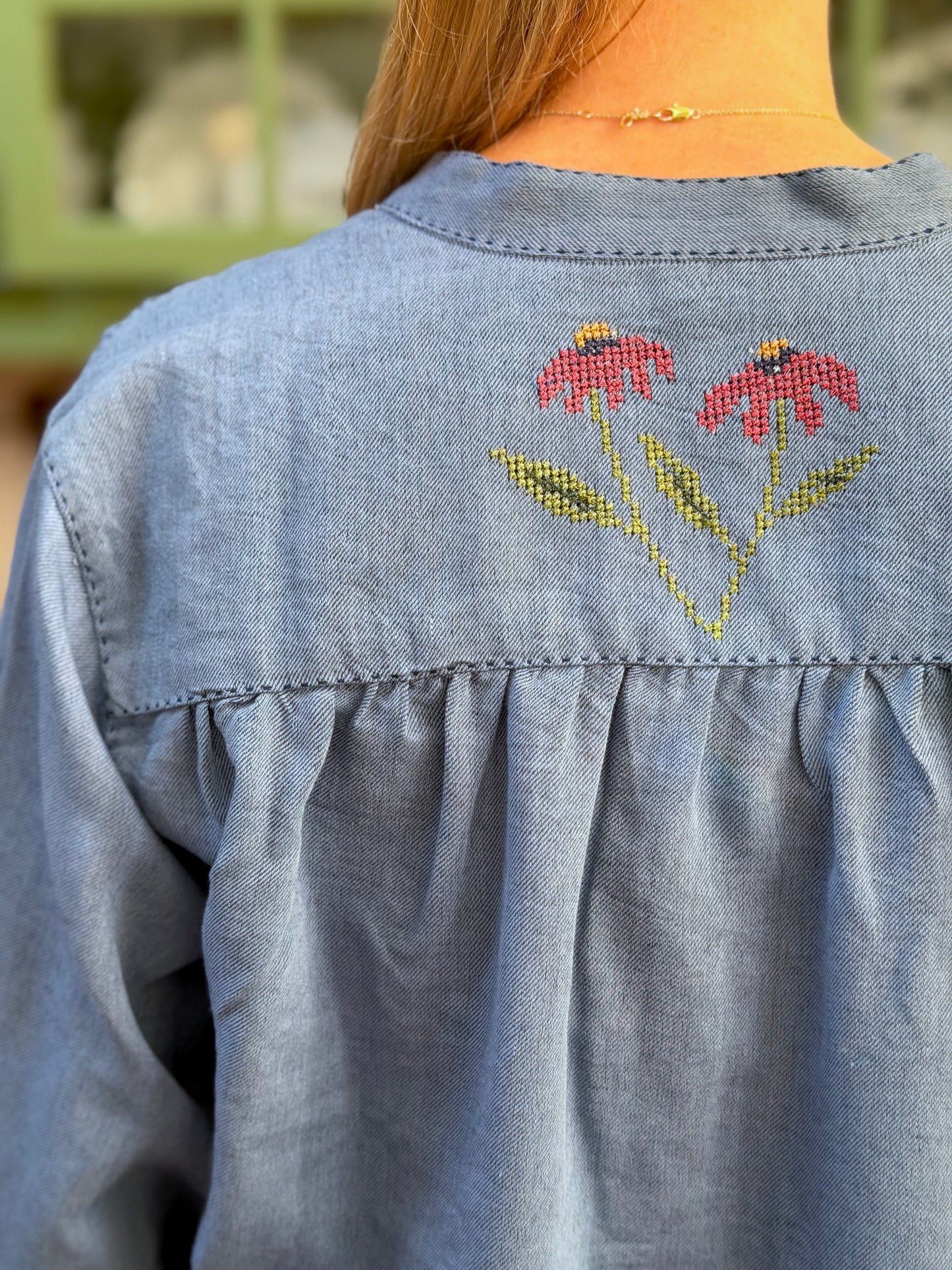 Blue Long Button Up Shirt With Floral Embroidery