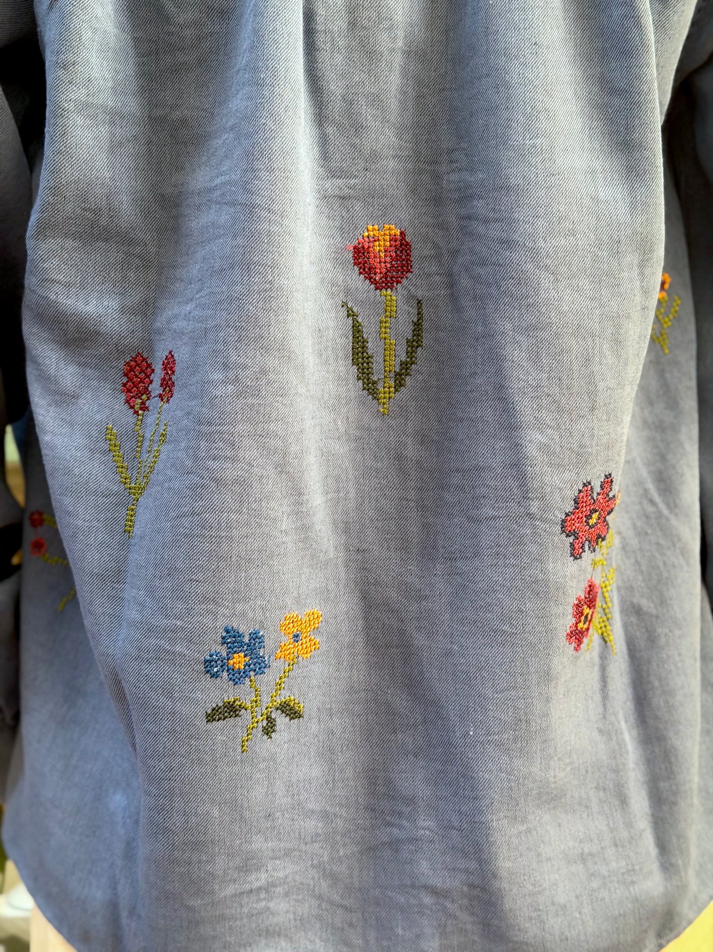 Blue Long Button Up Shirt With Floral Embroidery
