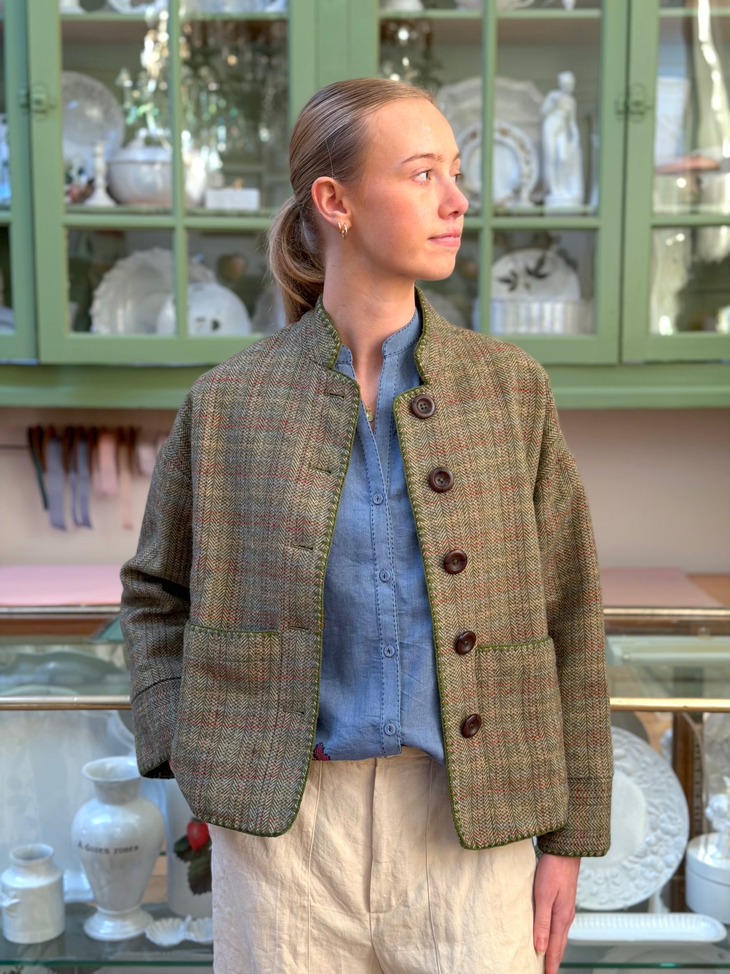 Wool Check Jacket With Blanket Stitching Details - Olive