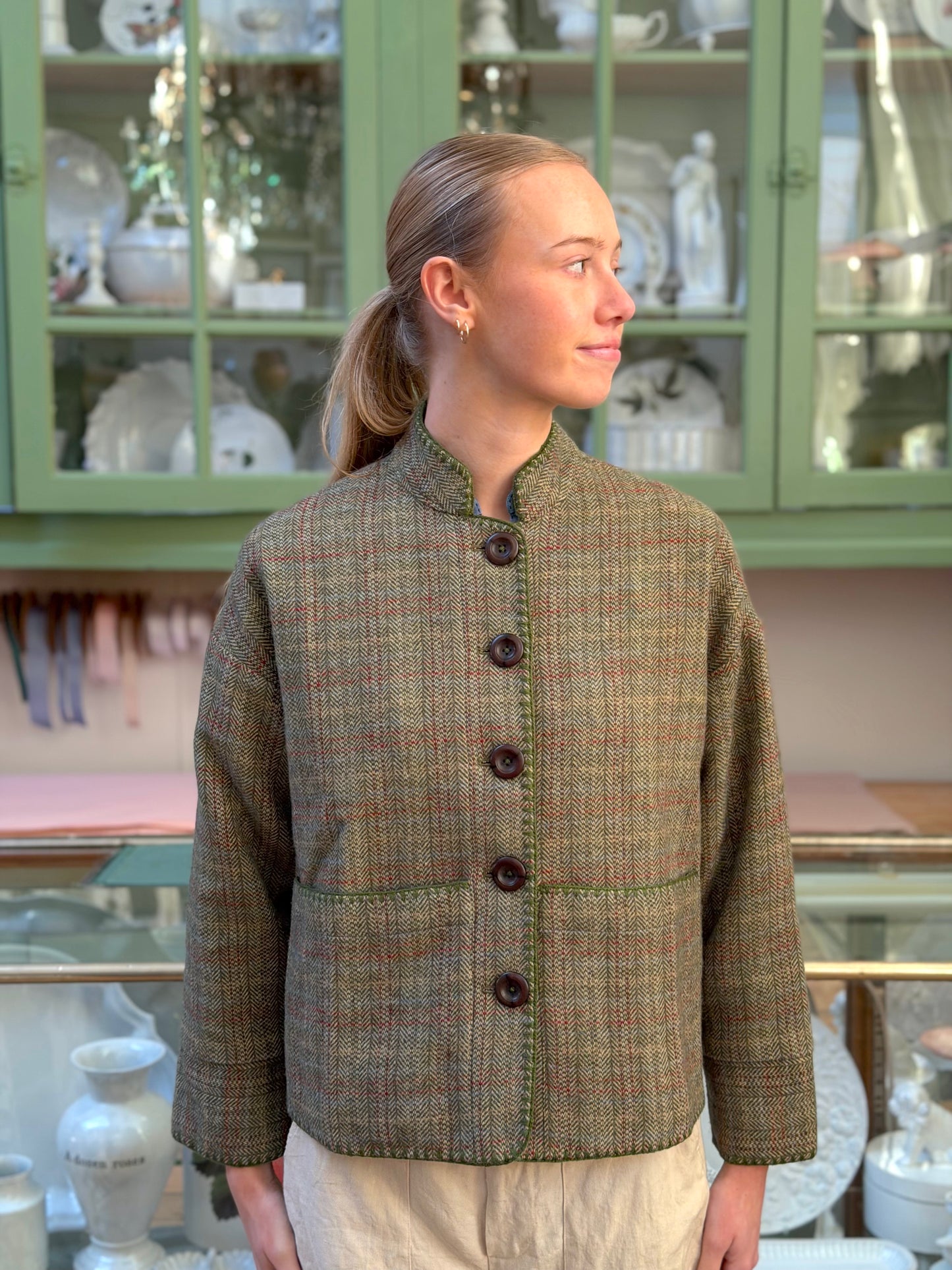 Wool Check Jacket With Blanket Stitching Details - Olive
