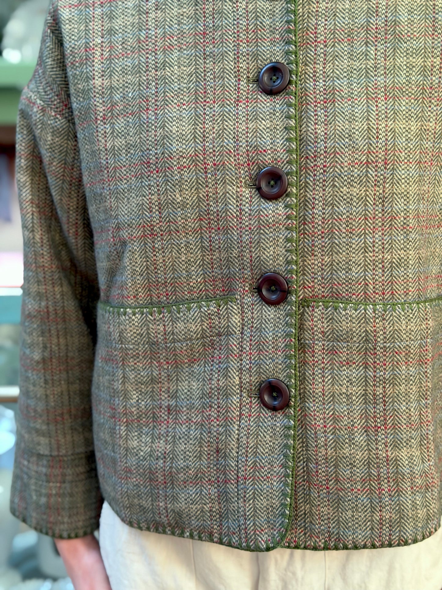 Wool Check Jacket With Blanket Stitching Details - Olive