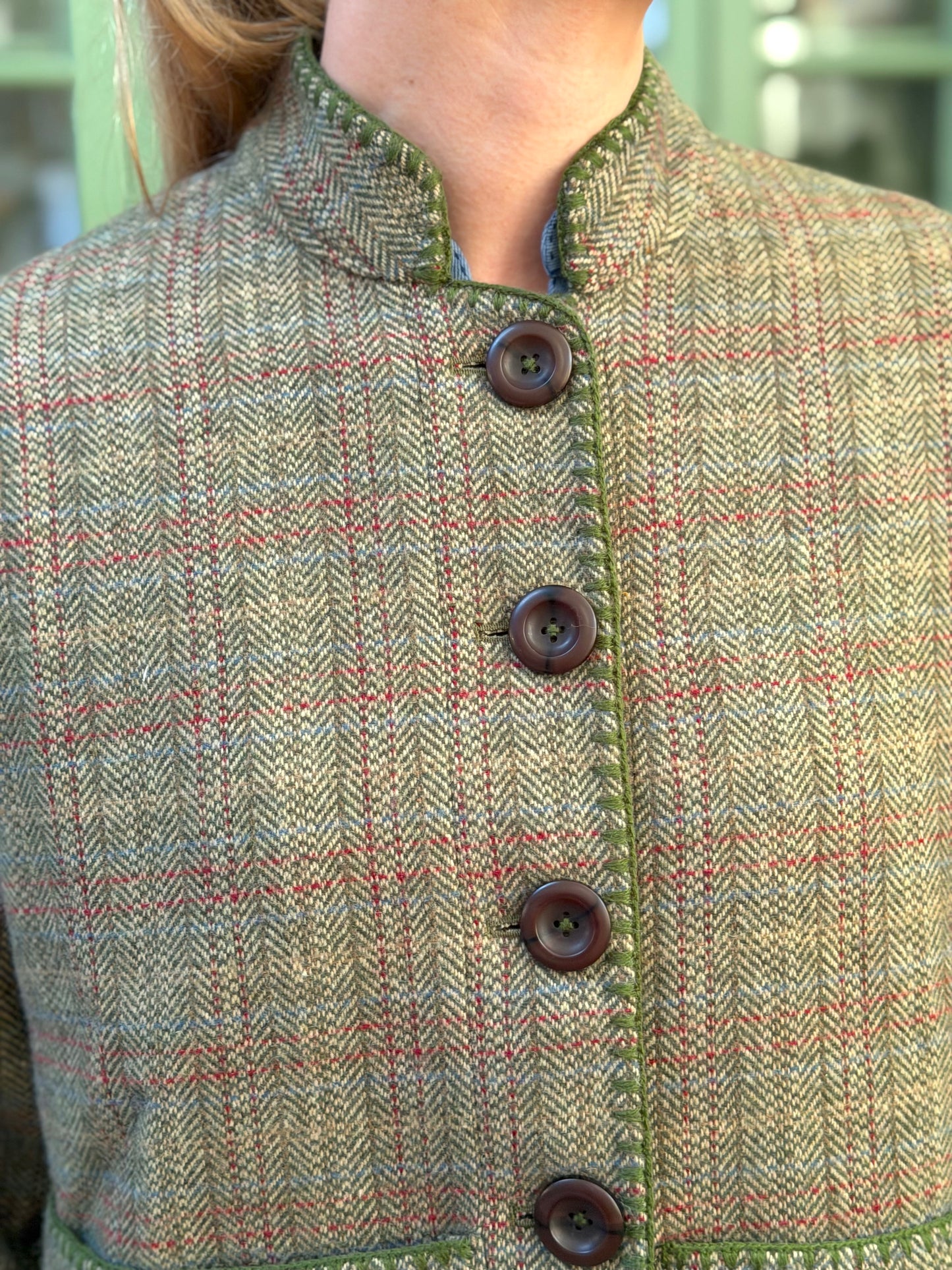 Wool Check Jacket With Blanket Stitching Details - Olive