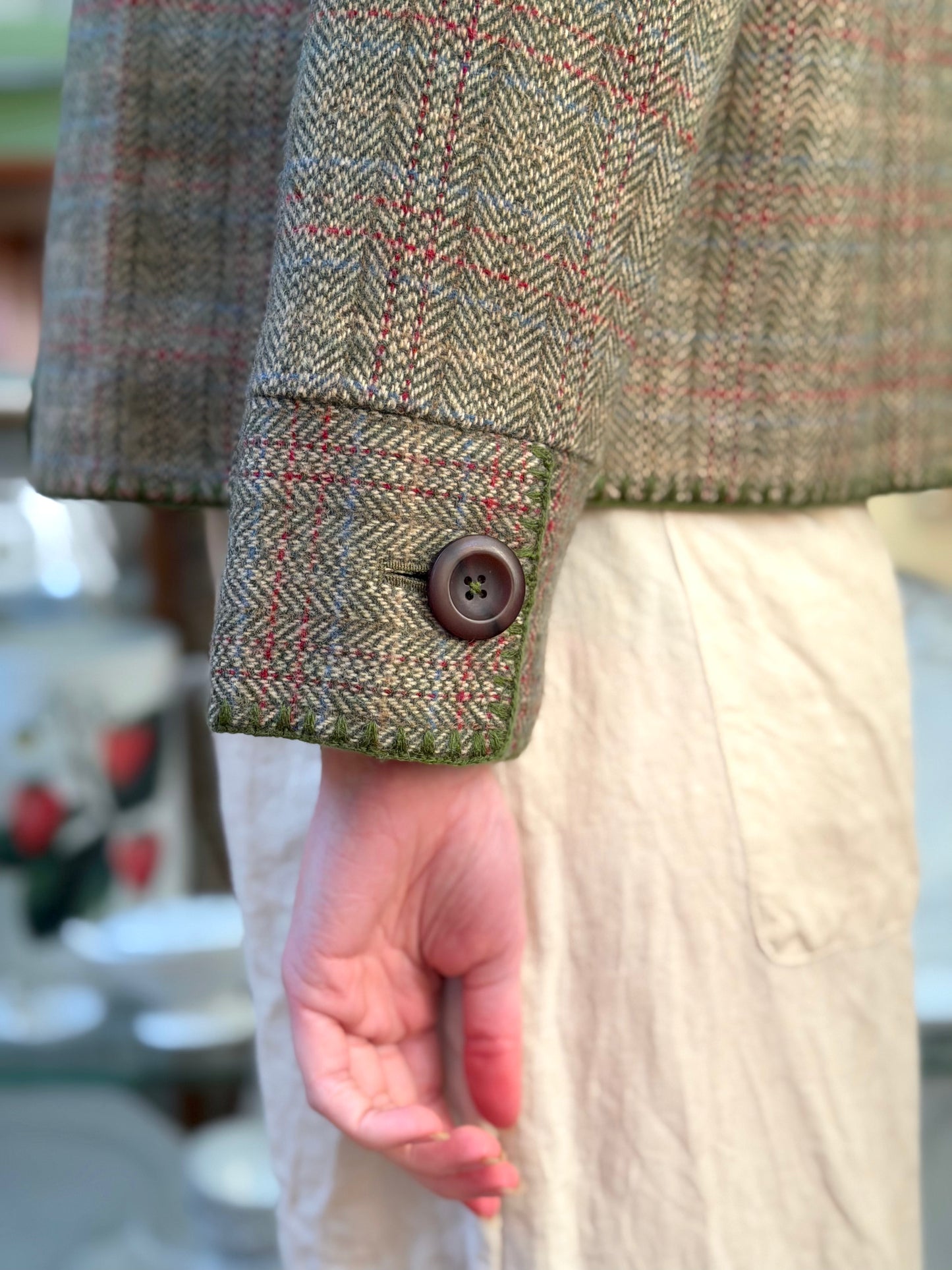 Wool Check Jacket With Blanket Stitching Details - Olive