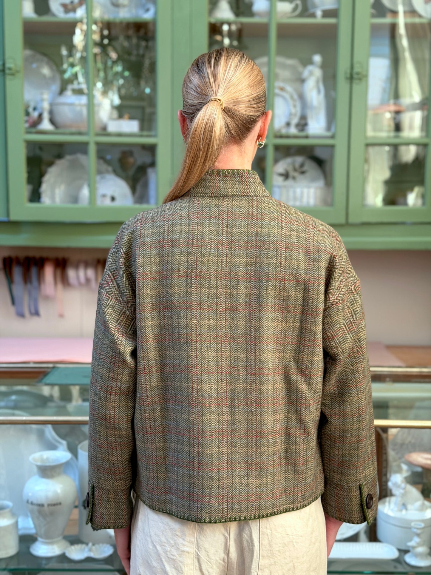 Wool Check Jacket With Blanket Stitching Details - Olive