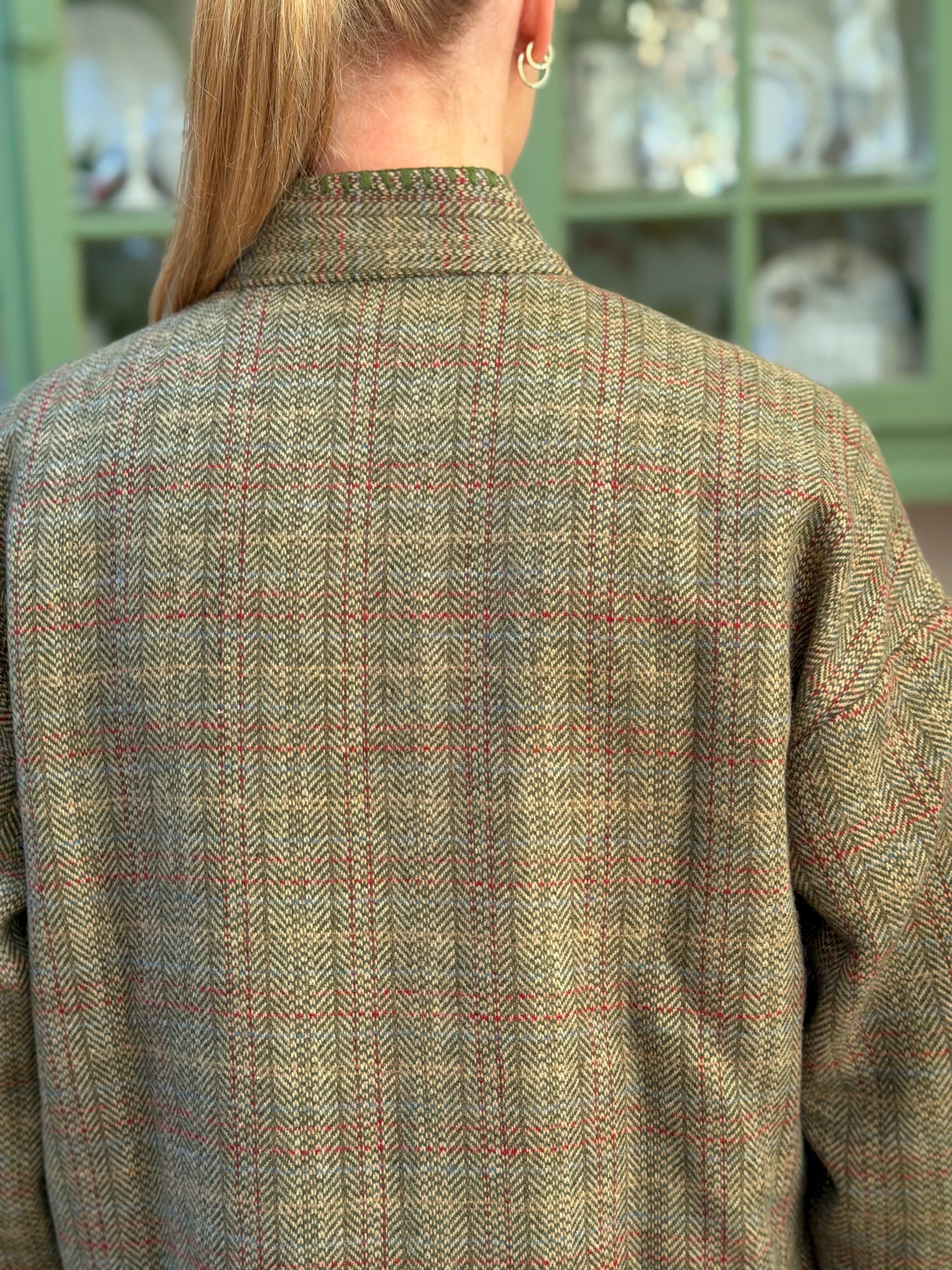 Wool Check Jacket With Blanket Stitching Details - Olive