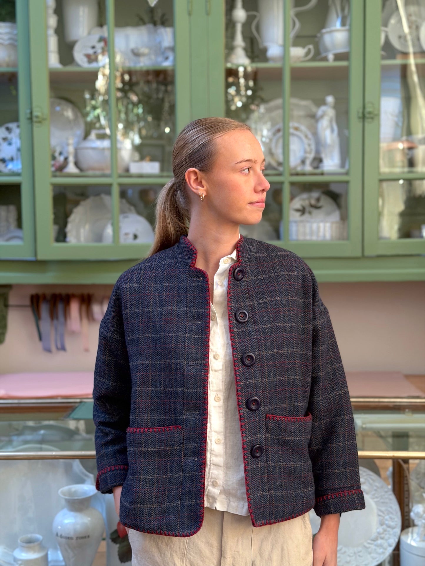 Wool Check Jacket With Blanket Stitching Details - Blue/Red