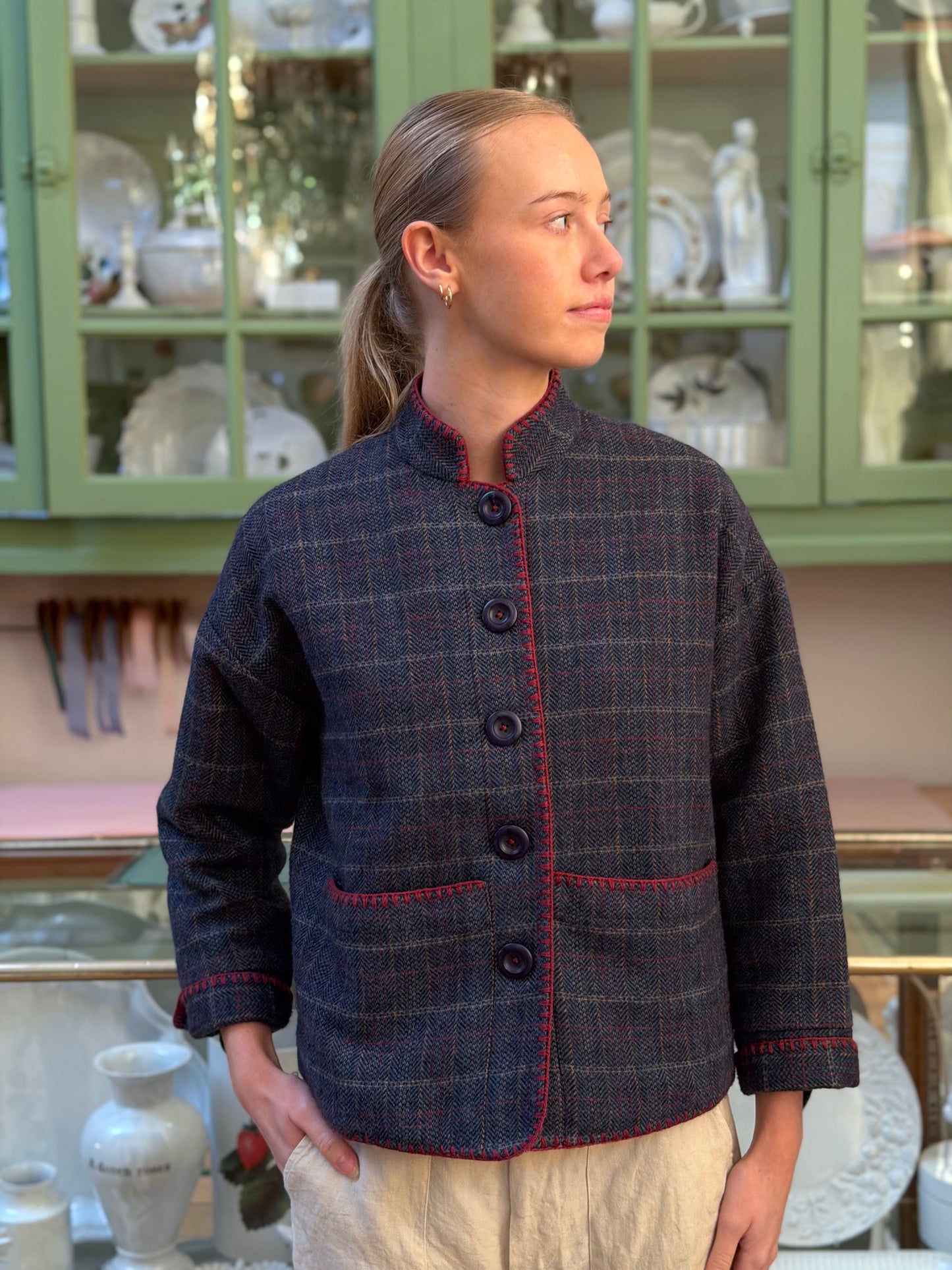 Wool Check Jacket With Blanket Stitching Details - Blue/Red