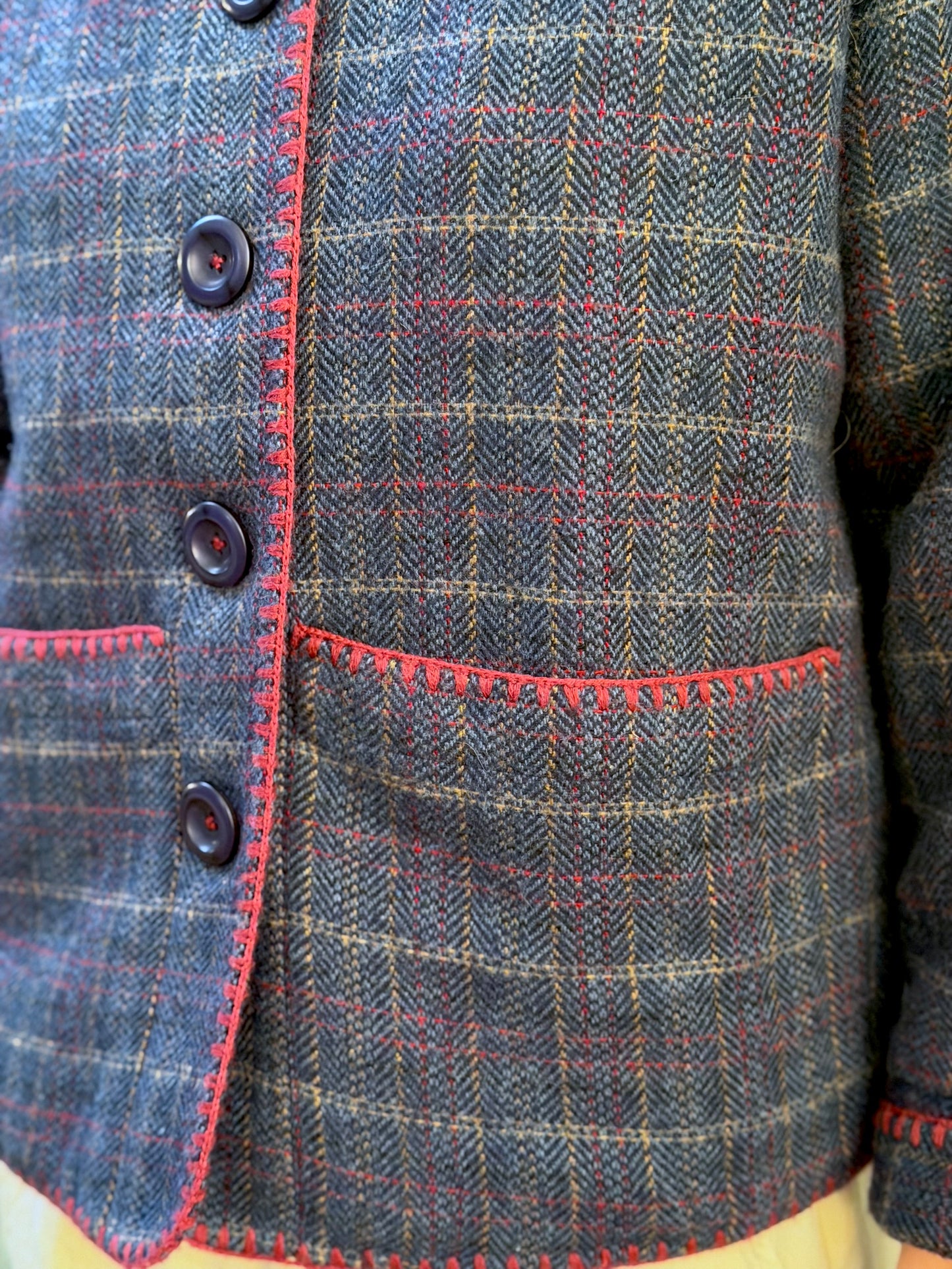 Wool Check Jacket With Blanket Stitching Details - Blue/Red