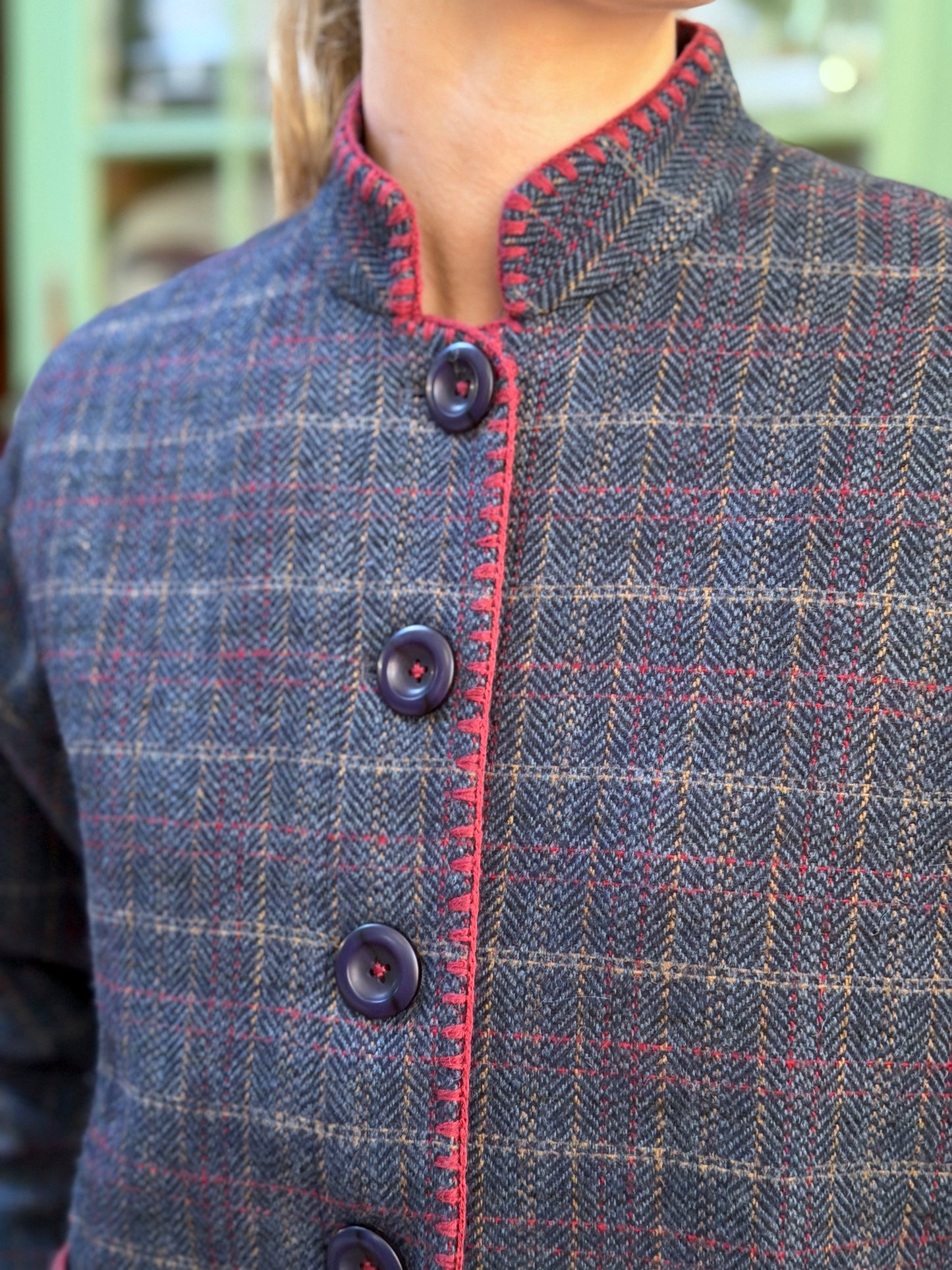 Wool Check Jacket With Blanket Stitching Details - Blue/Red