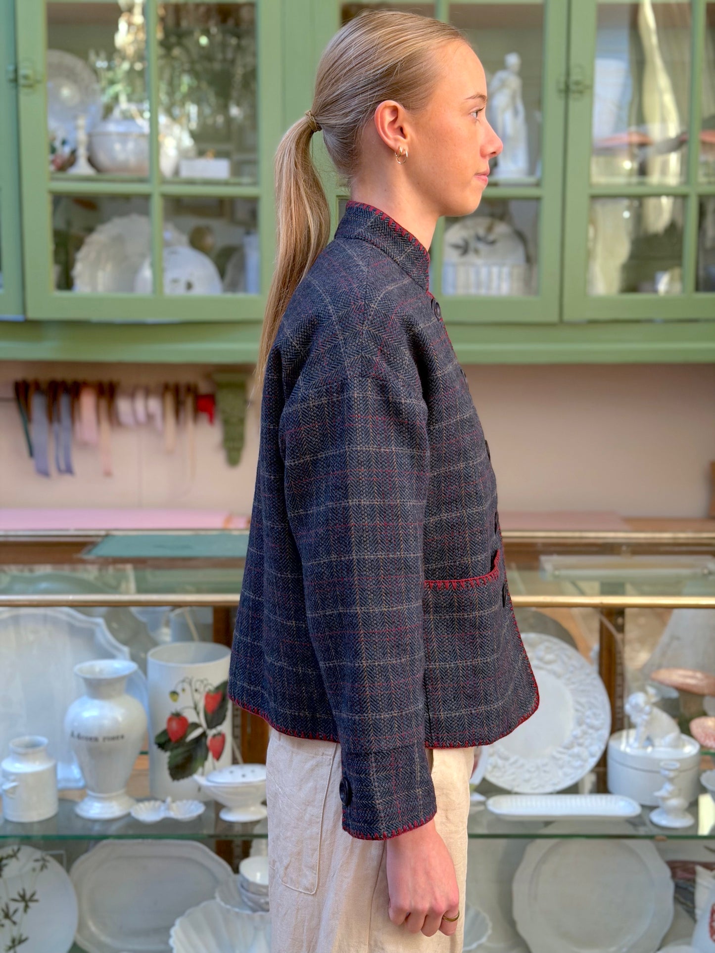 Wool Check Jacket With Blanket Stitching Details - Blue/Red
