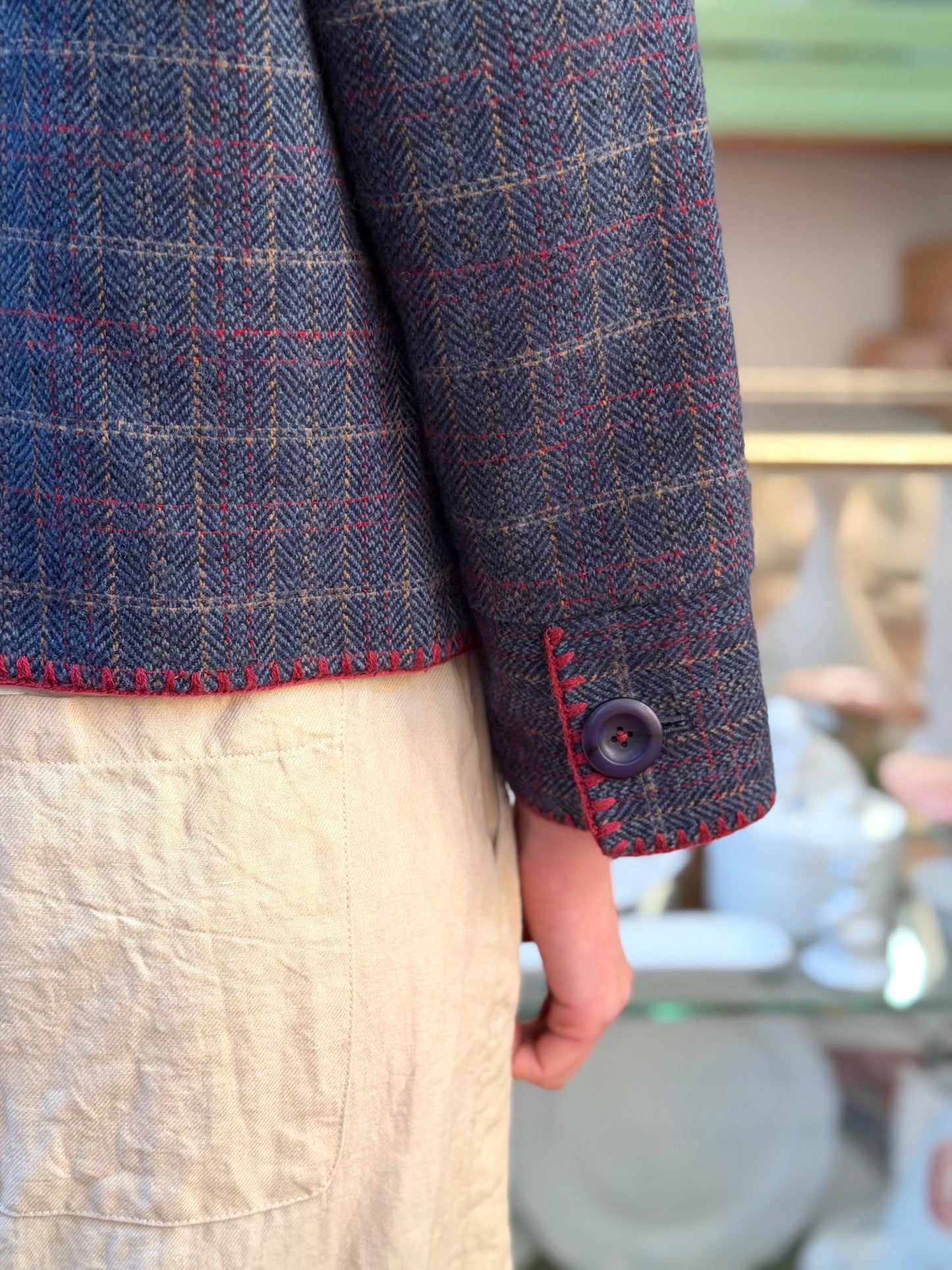 Wool Check Jacket With Blanket Stitching Details - Blue/Red