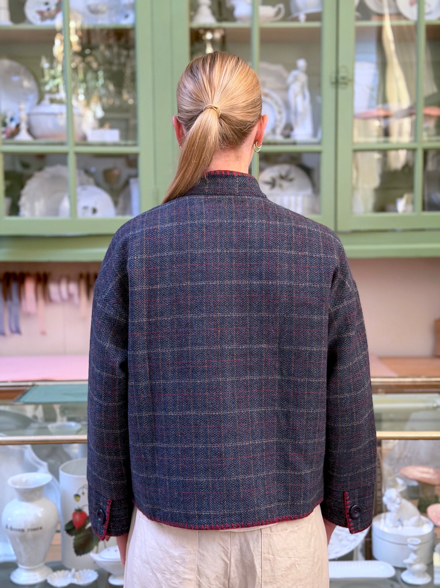 Wool Check Jacket With Blanket Stitching Details - Blue/Red