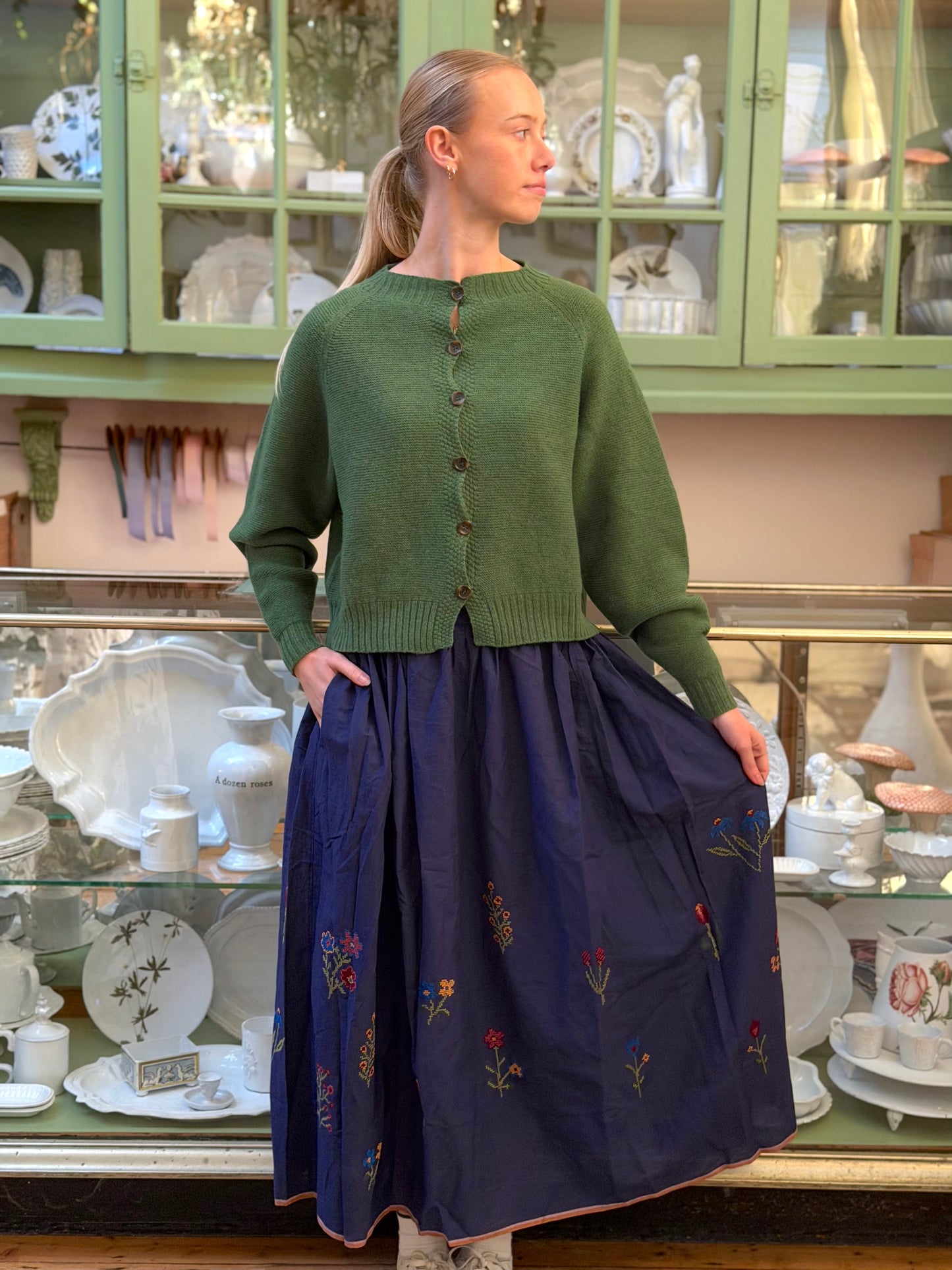 Long Navy Skirt With Floral Cross Stitch Embroidery