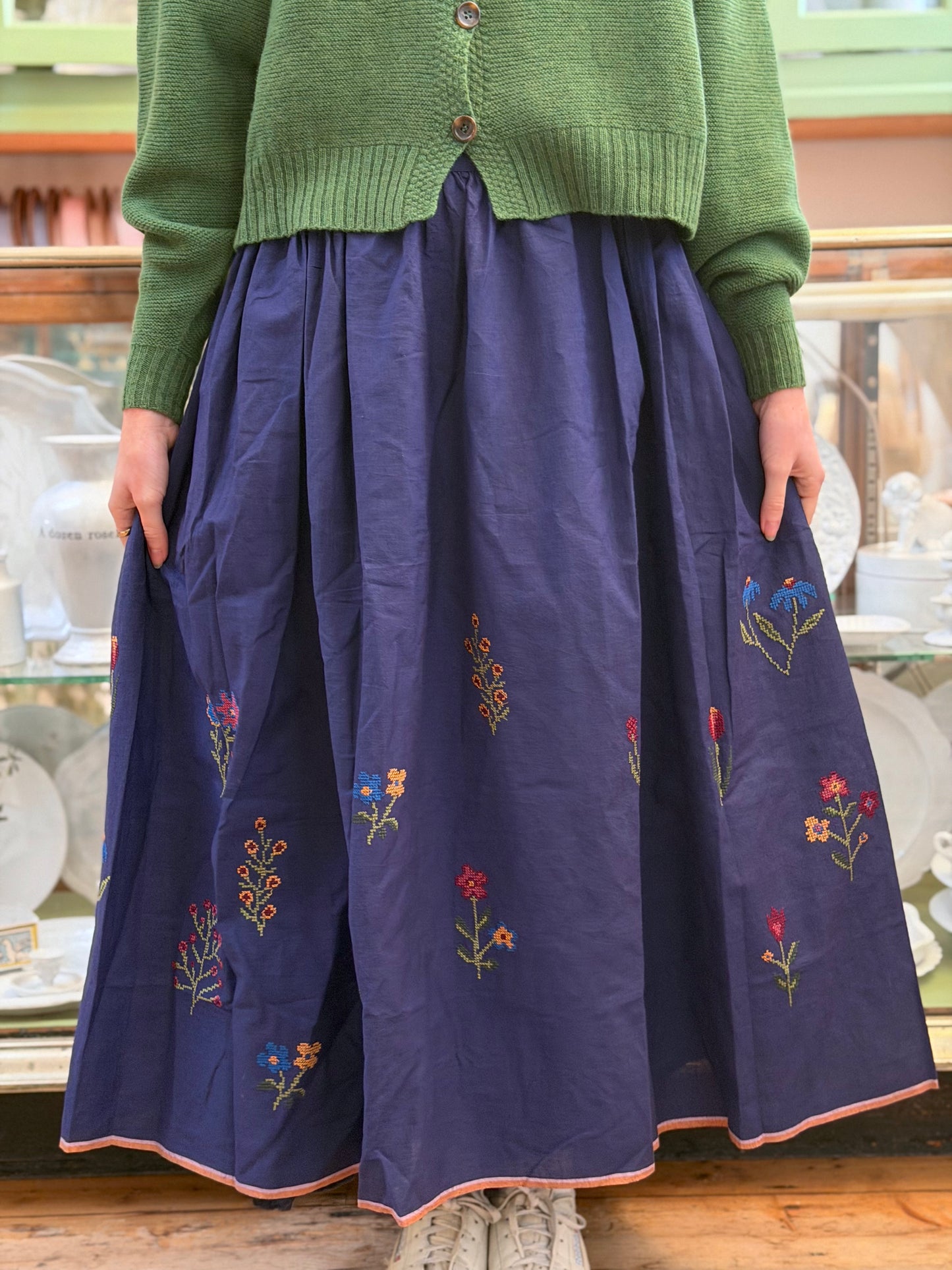 Long Navy Skirt With Floral Cross Stitch Embroidery