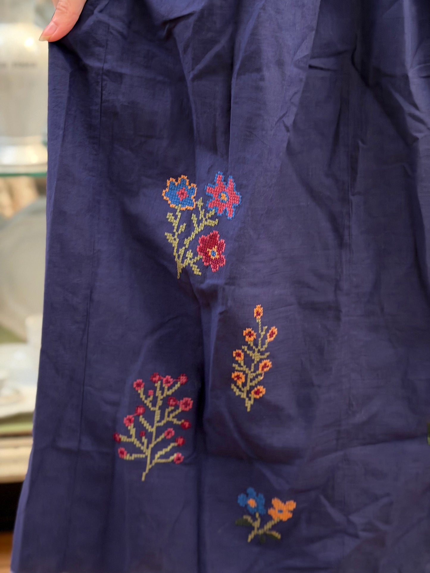 Long Navy Skirt With Floral Cross Stitch Embroidery