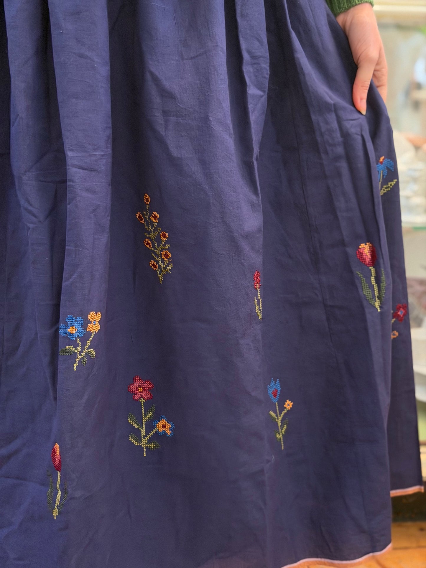 Long Navy Skirt With Floral Cross Stitch Embroidery