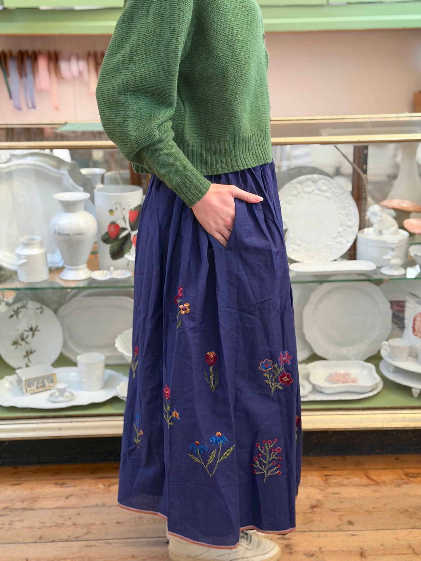 Long Navy Skirt With Floral Cross Stitch Embroidery