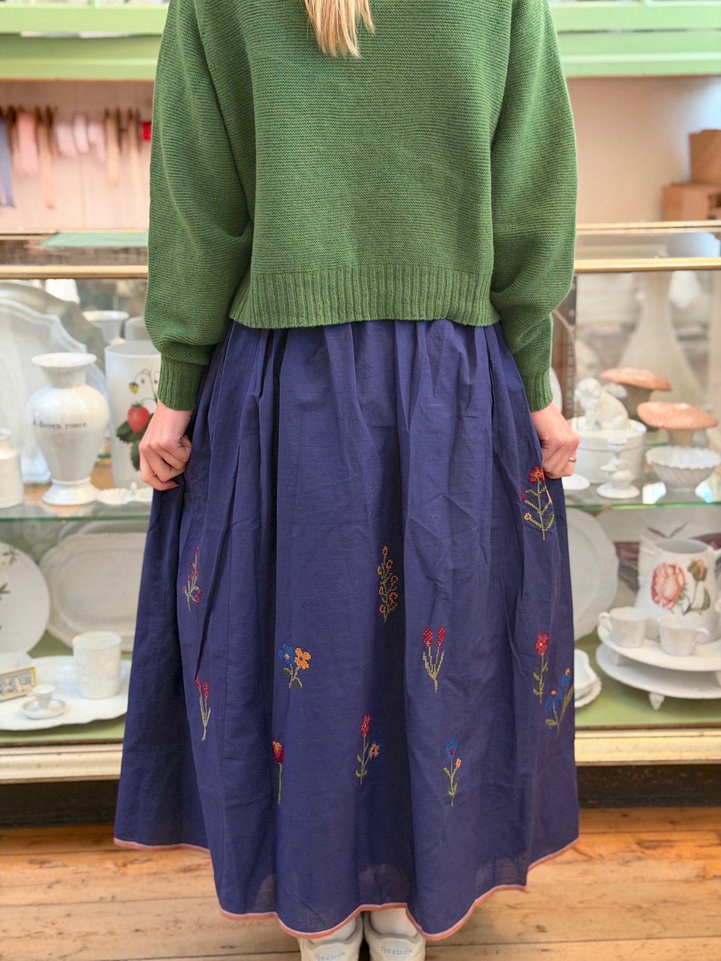 Long Navy Skirt With Floral Cross Stitch Embroidery
