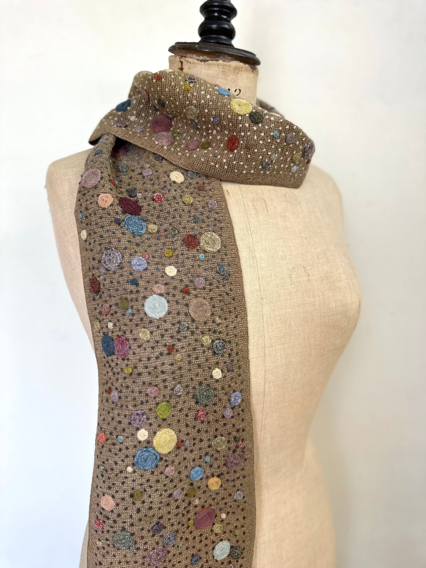 Sophie Digard Hazelnut Crochet Scarf With Blue Multi Spot