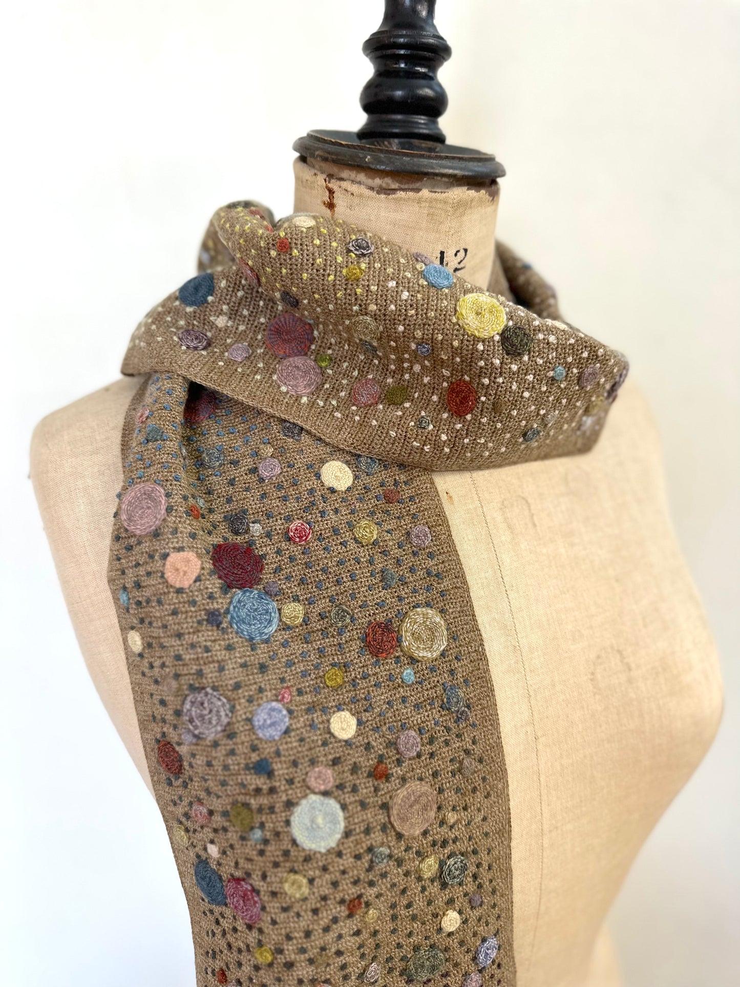 Sophie Digard Hazelnut Crochet Scarf With Blue Multi Spot