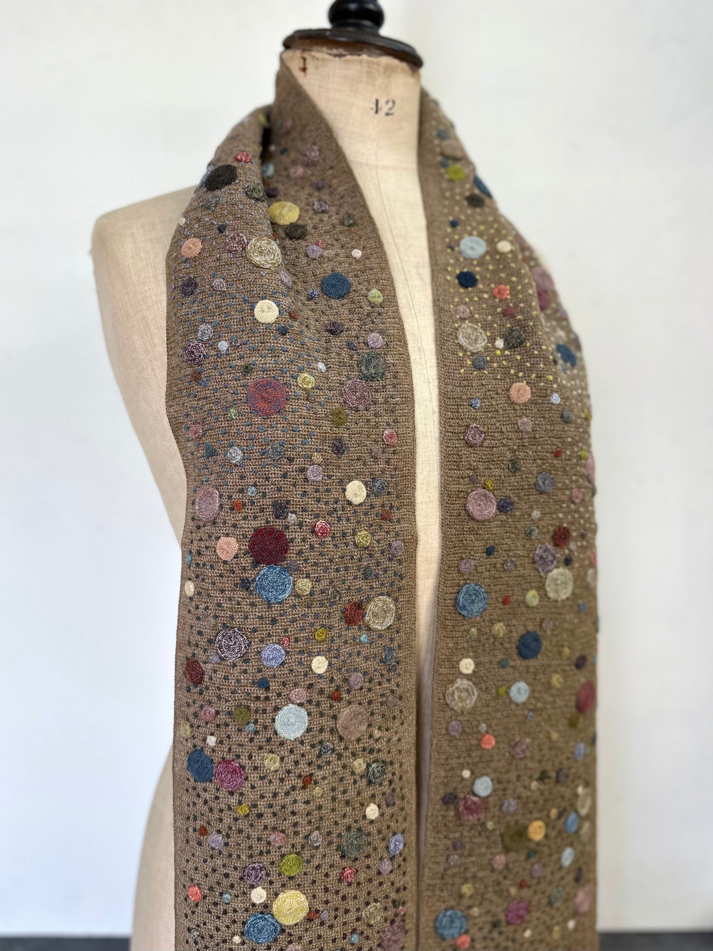 Sophie Digard Hazelnut Crochet Scarf With Blue Multi Spot