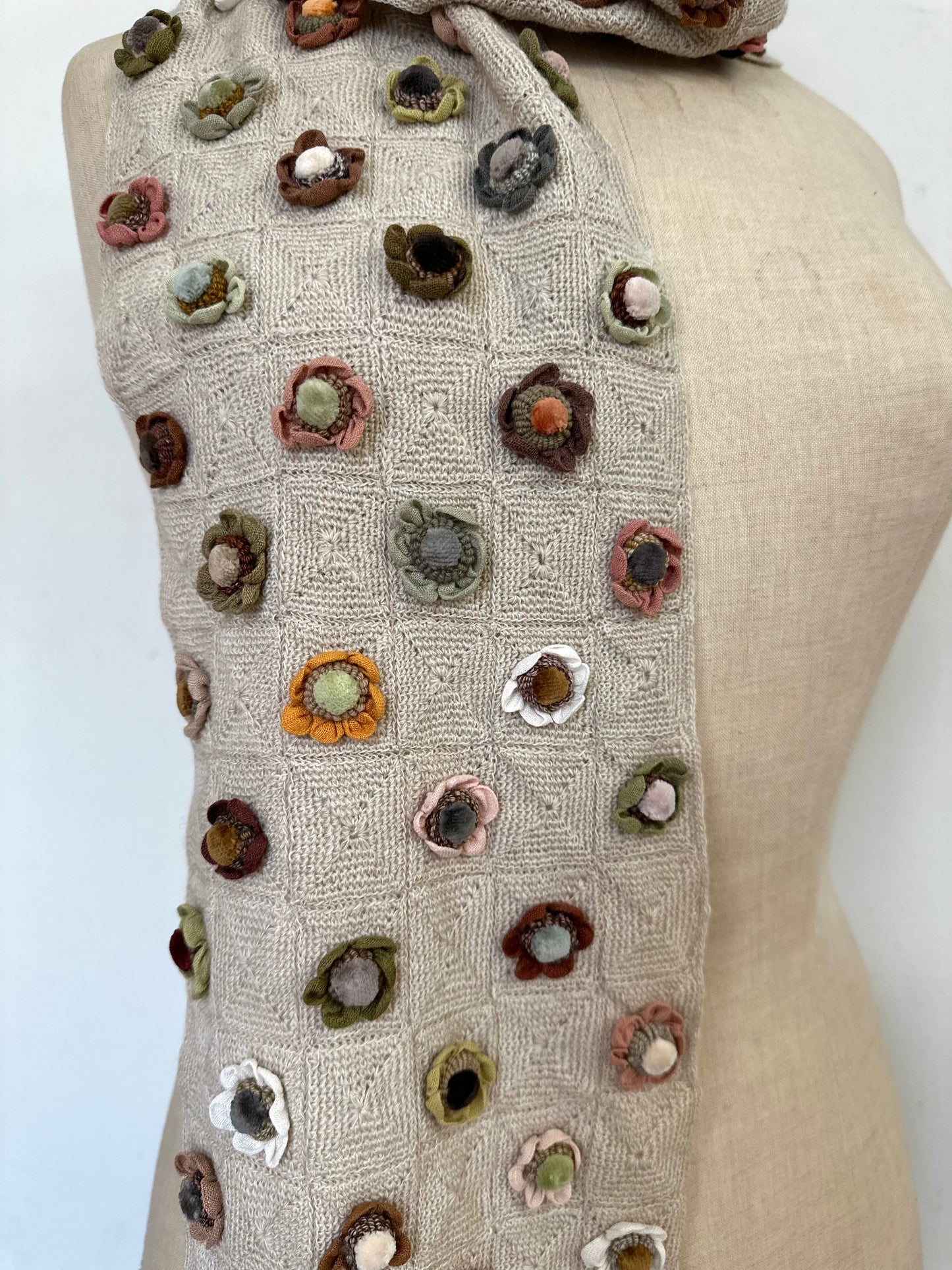 Sophie Digard Sand Crochet Scarf With Petite Multi Flowers
