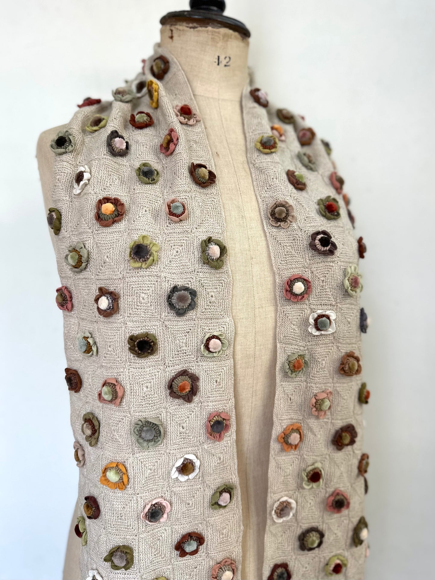 Sophie Digard Sand Crochet Scarf With Petite Multi Flowers