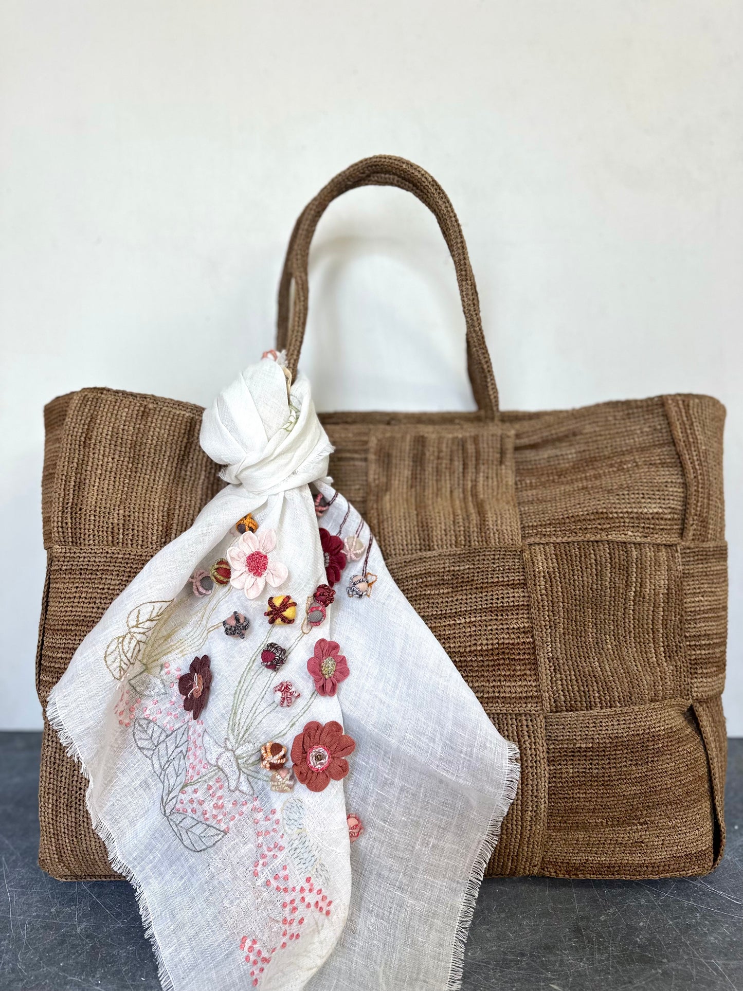 Sophie Digard Floral Embroidered Linen Square Tie Scarf