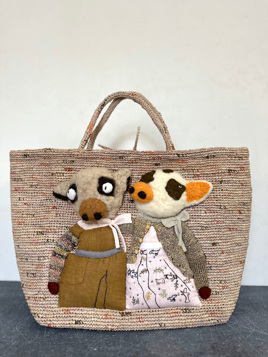 Sophie Digard Large Raffia Bag With Felt Farm Animal Duo
