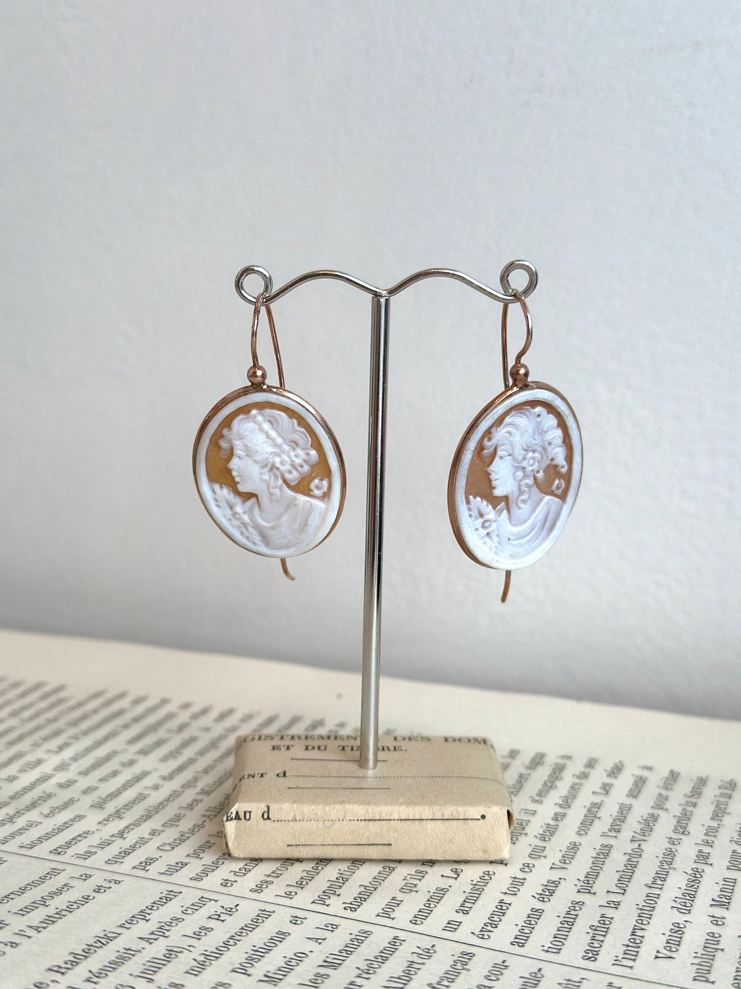 Italian Medium Oval Floral Lady Cameo Earrings