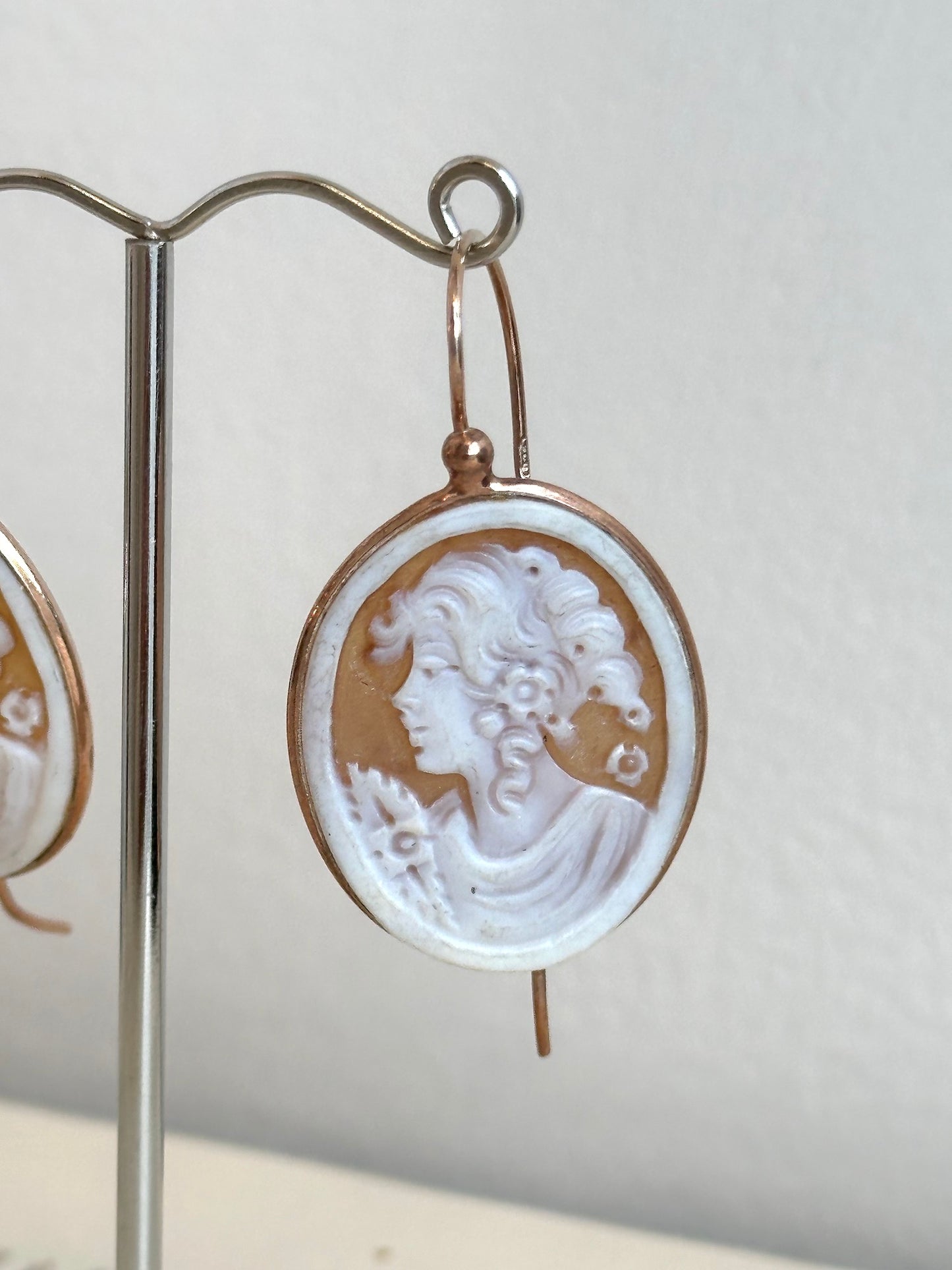 Italian Medium Oval Floral Lady Cameo Earrings