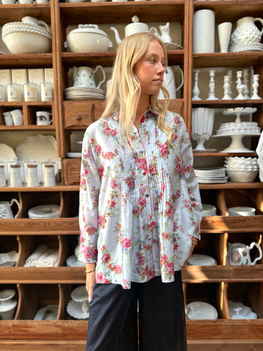 Péro Blue And Red Floral Pleated Shirt With Pockets