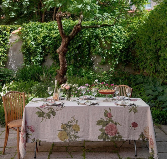 European Linen 'Roses' Tablecloth - Natural