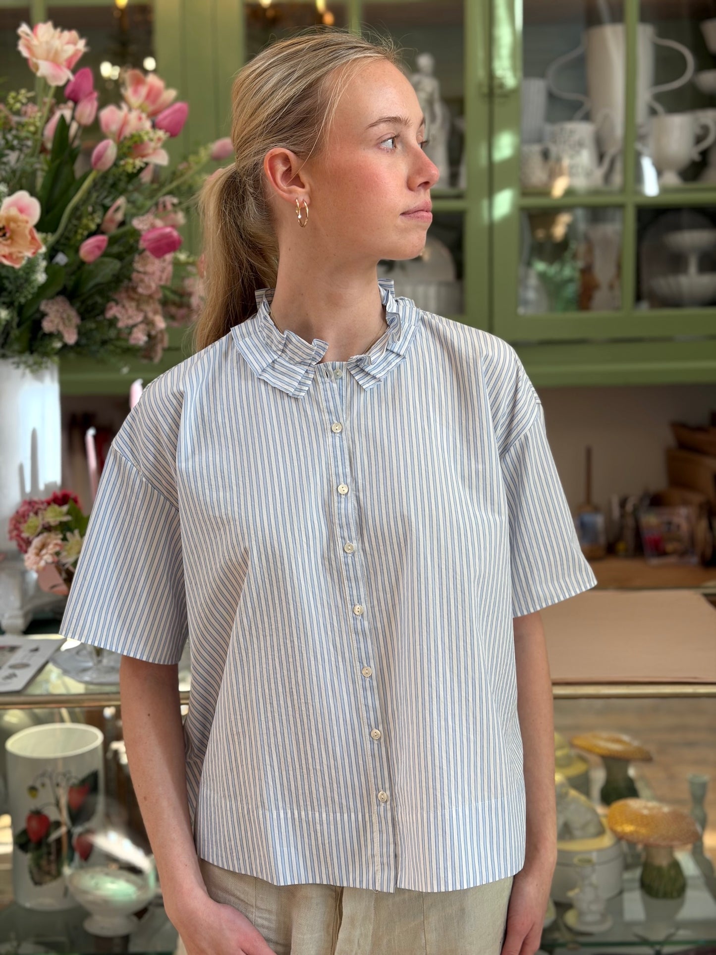 Minina Button Up Cotton Shirt With Frill Collar - White And Blue Stripe