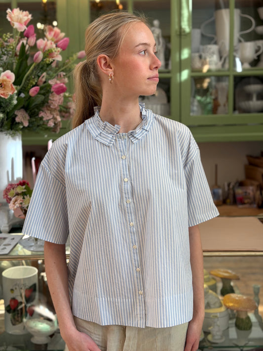 Minina Button Up Cotton Shirt With Frill Collar - White And Blue Stripe