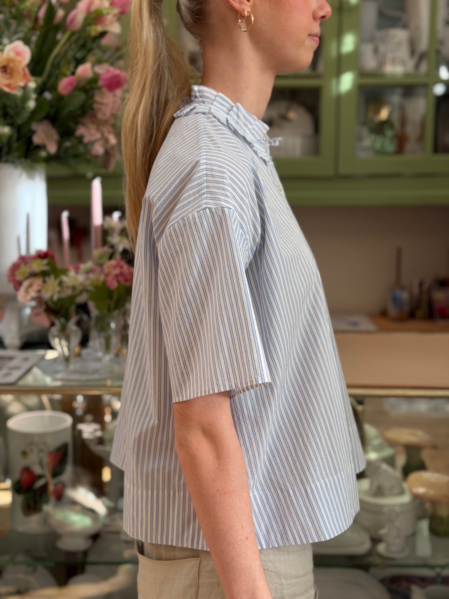 Minina Button Up Cotton Shirt With Frill Collar - White And Blue Stripe