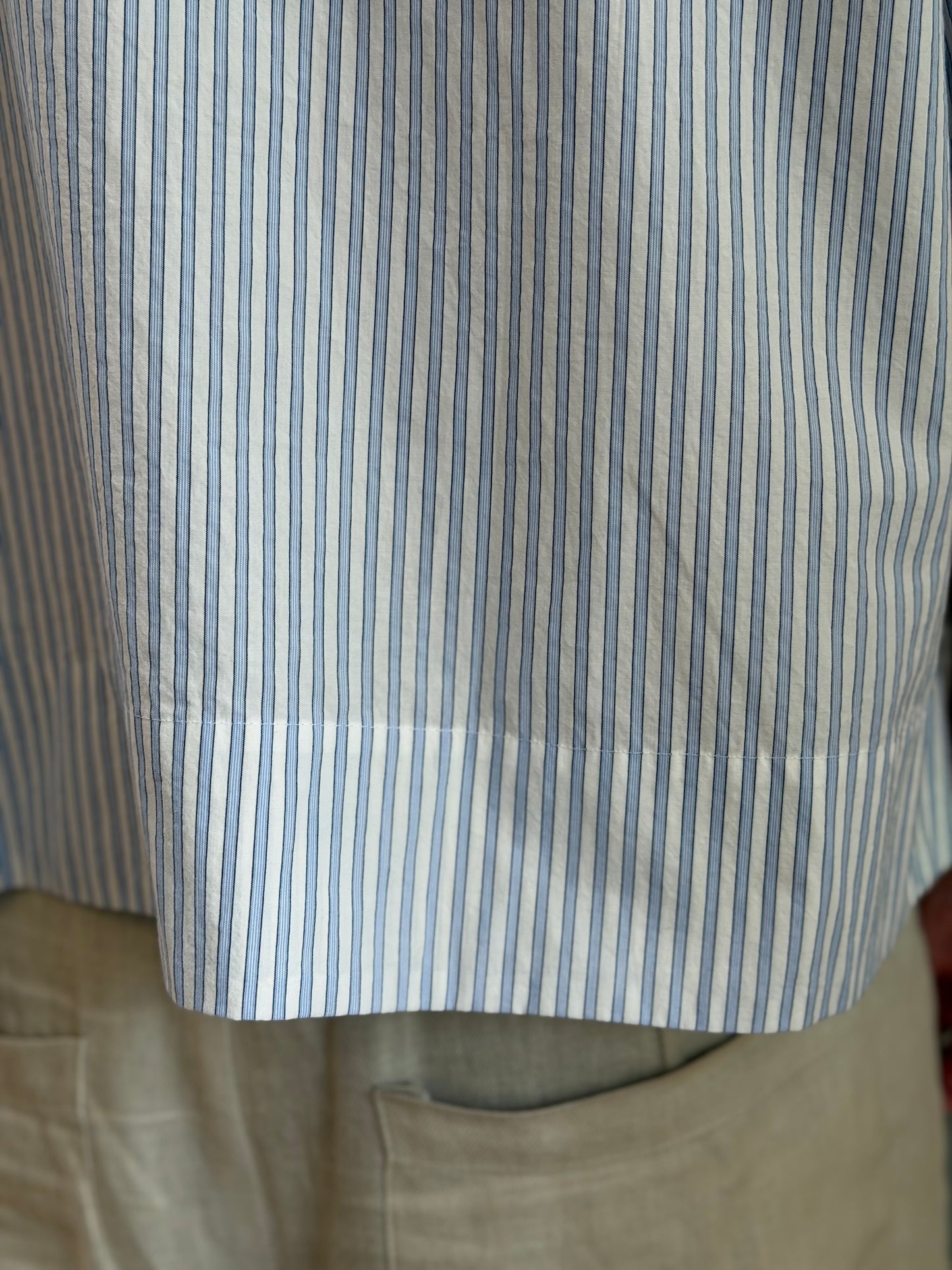 Minina Button Up Cotton Shirt With Frill Collar - White And Blue Stripe
