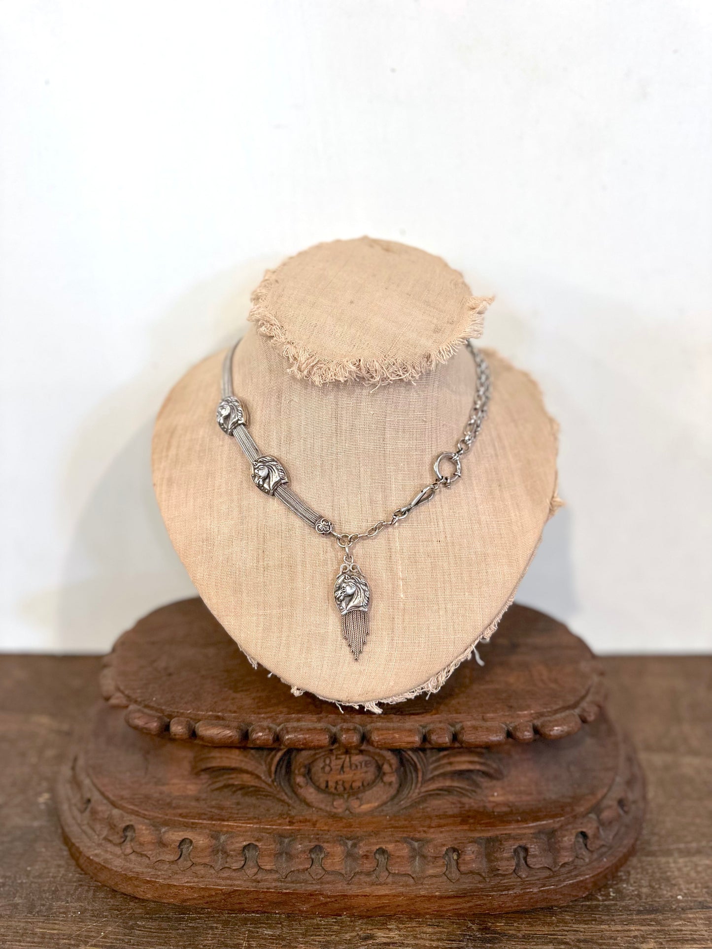 Antique French Silver Necklace With Horse Watch Chain Sliders And Fob