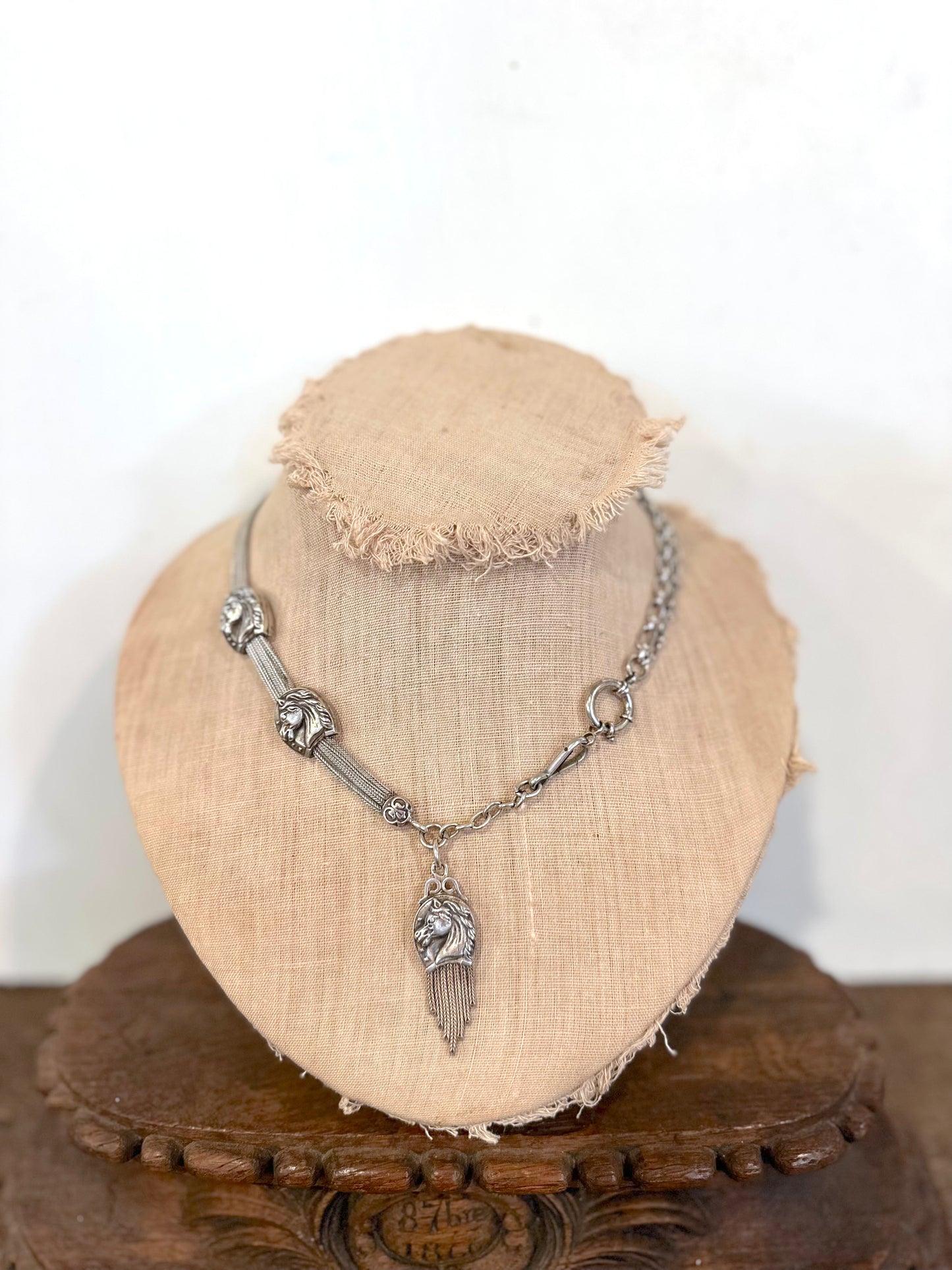 Antique French Silver Necklace With Horse Watch Chain Sliders And Fob